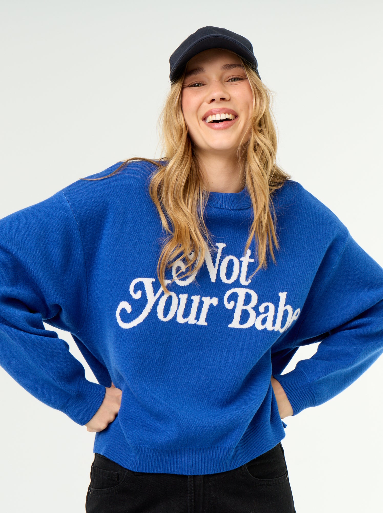 Pull col rond maille douce avec inscription - Bleu