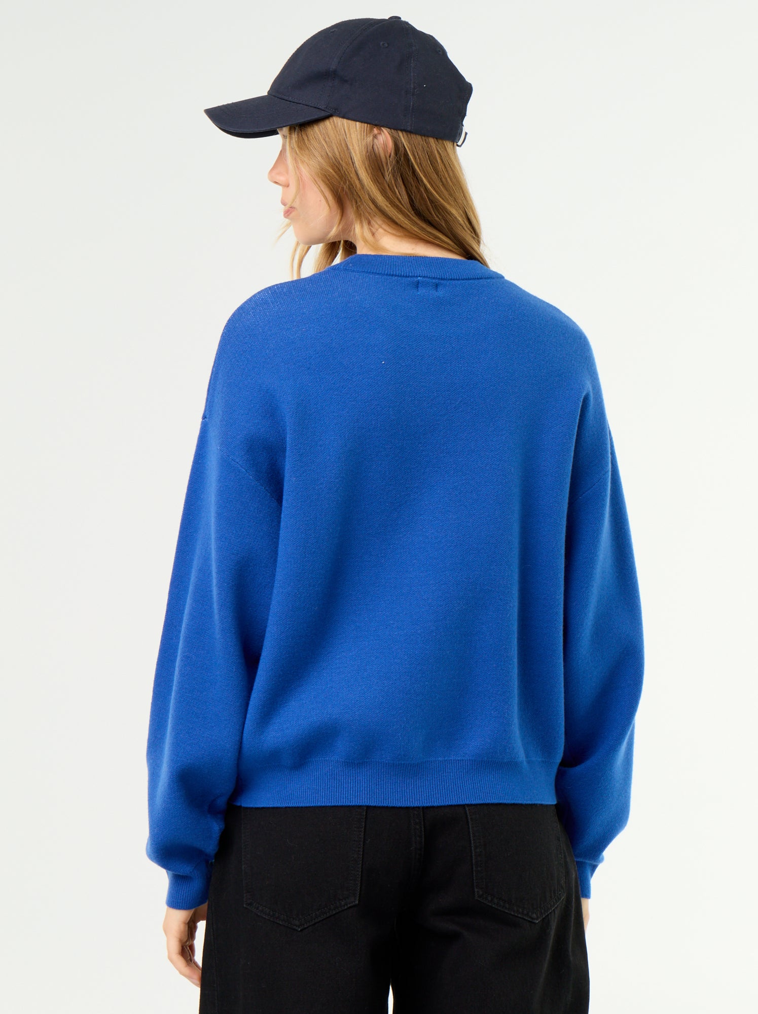 Pull col rond maille douce avec inscription - Bleu