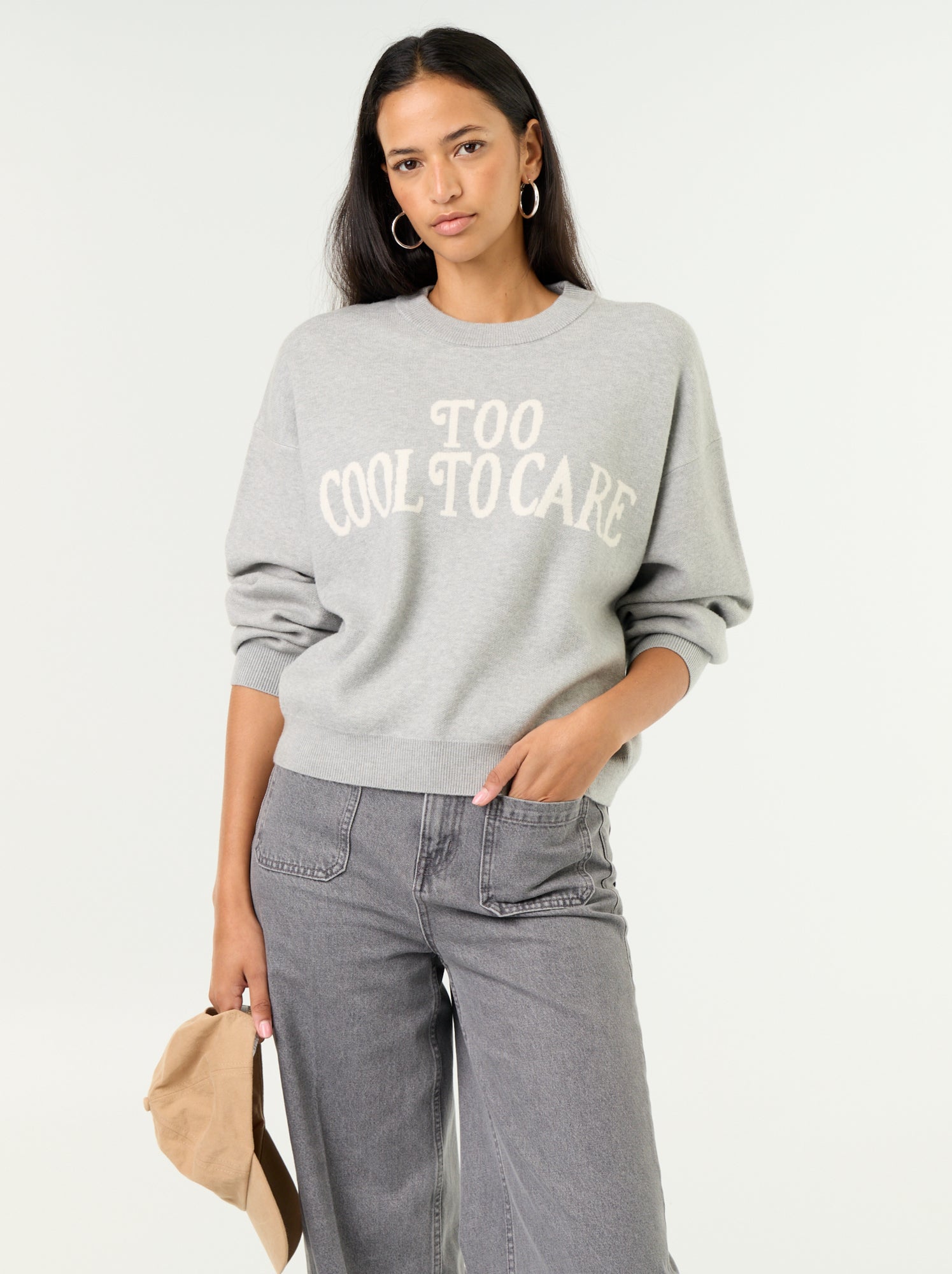 Pull col rond maille douce avec inscription - Gris