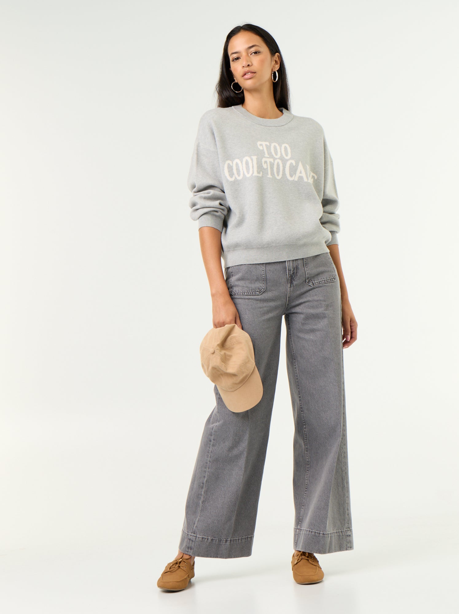 Pull col rond maille douce avec inscription - Gris