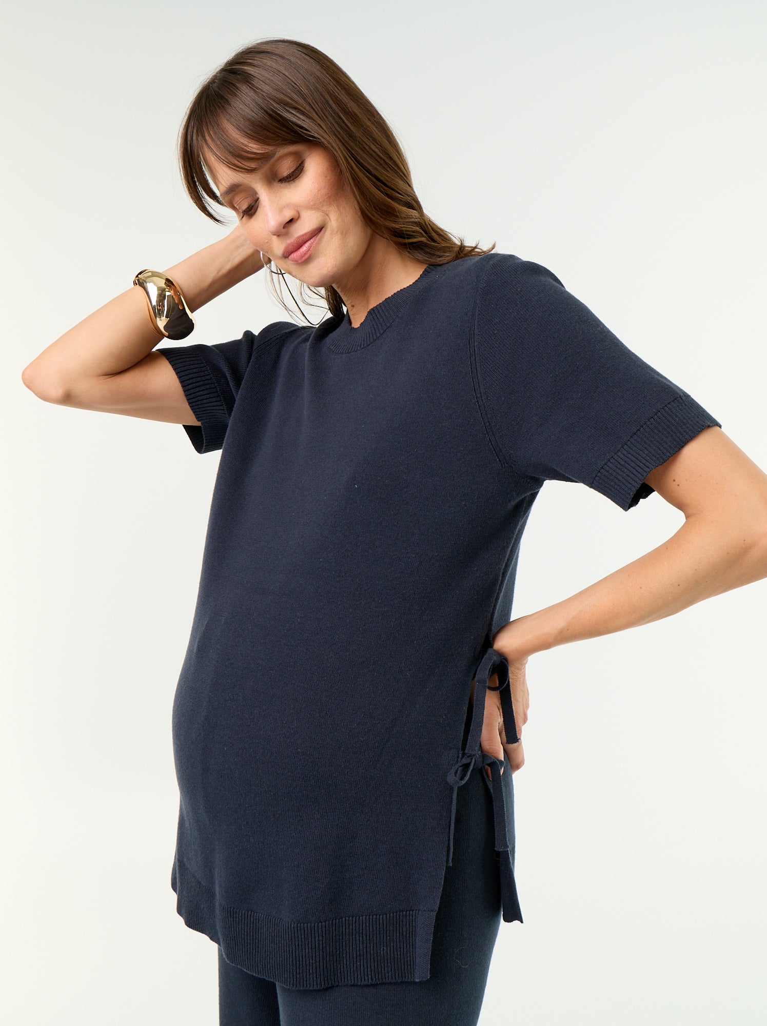 Pull de maternité manches courtes avec fentes lacées - Bleu