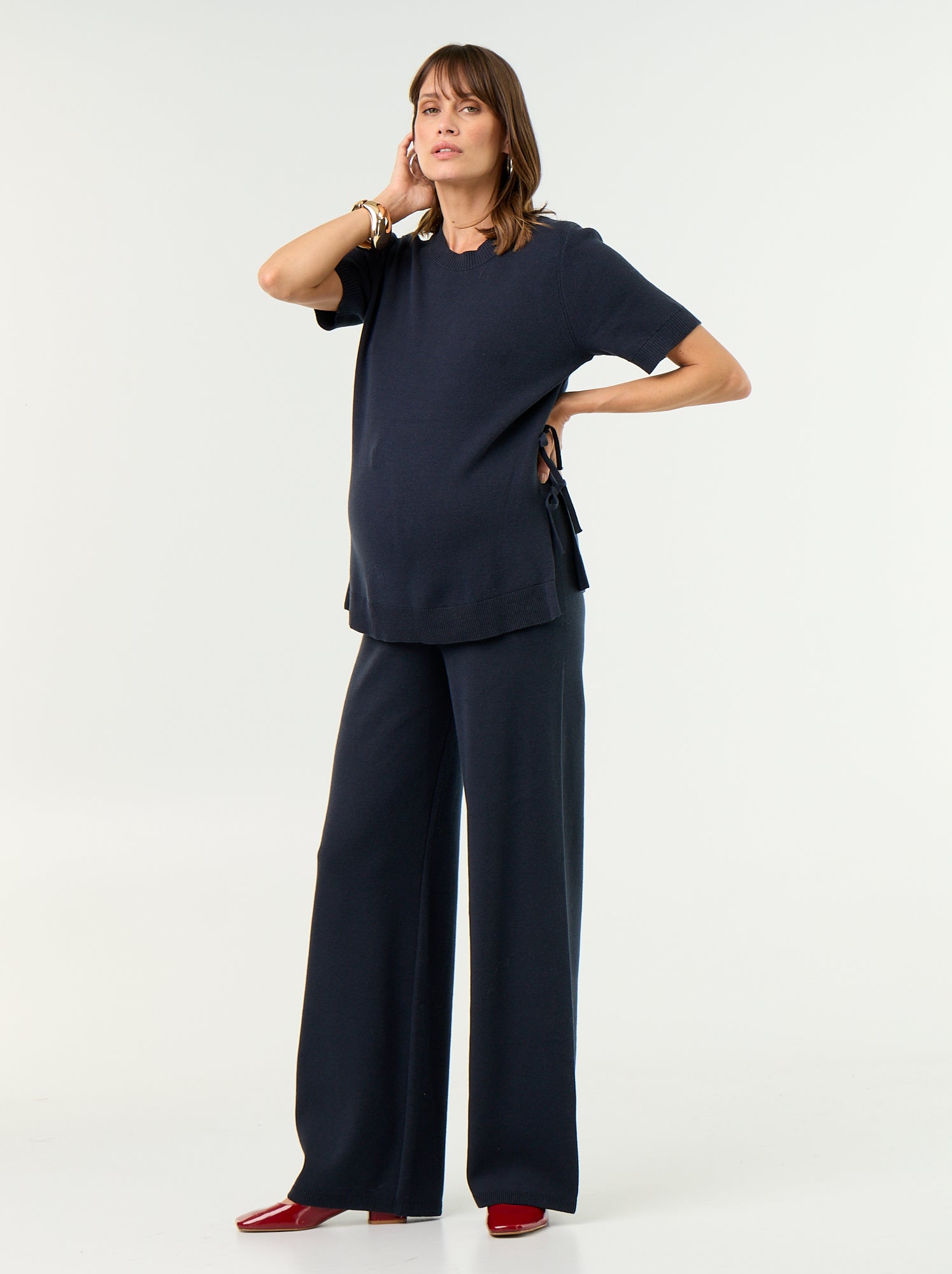 Pull de maternité manches courtes avec fentes lacées - Bleu