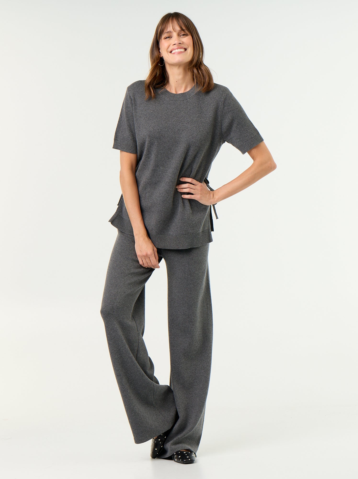 Pull de maternité manches courtes avec fentes lacées - Gris