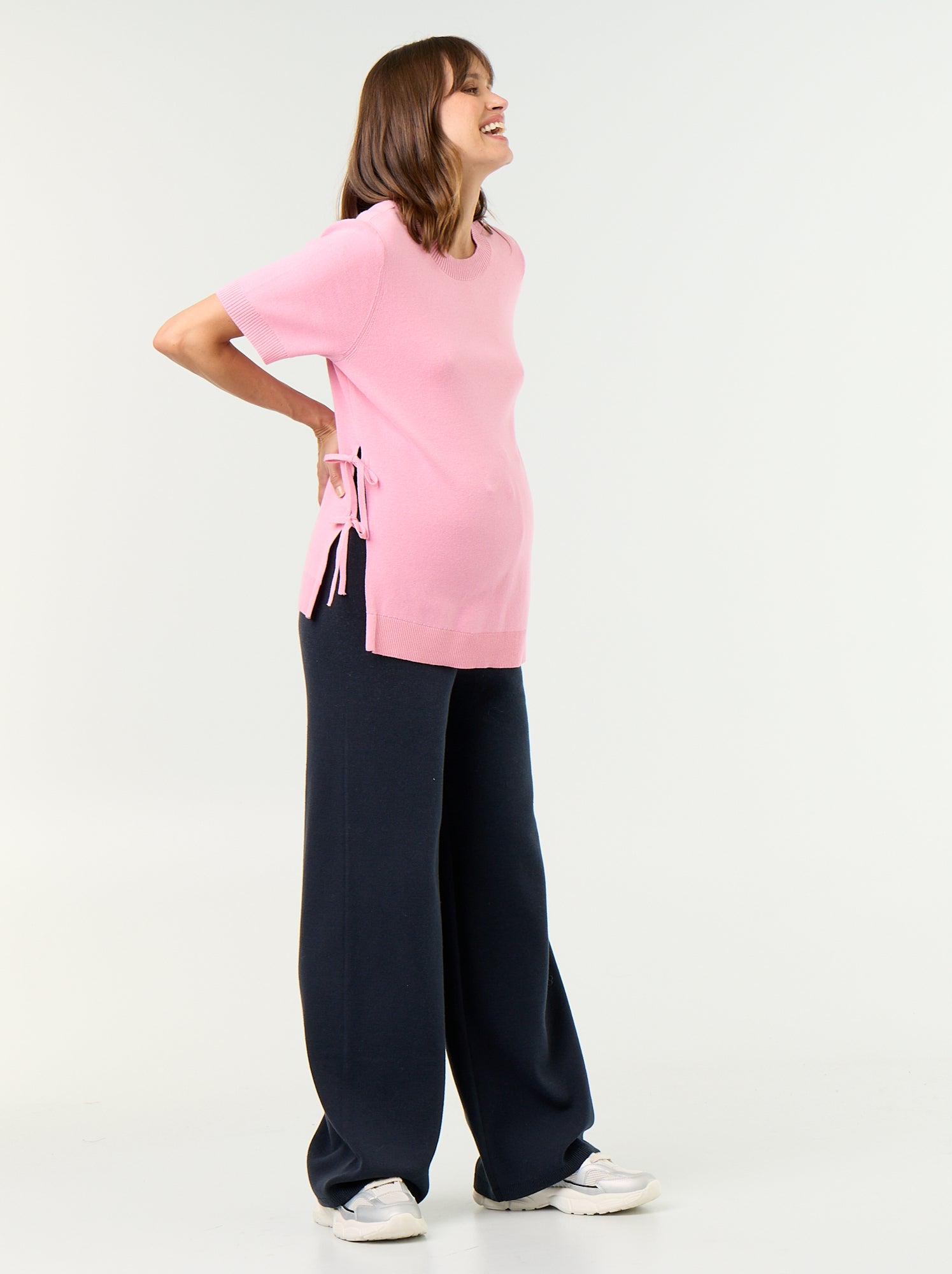 Pull de maternité manches courtes avec fentes lacées - Rose