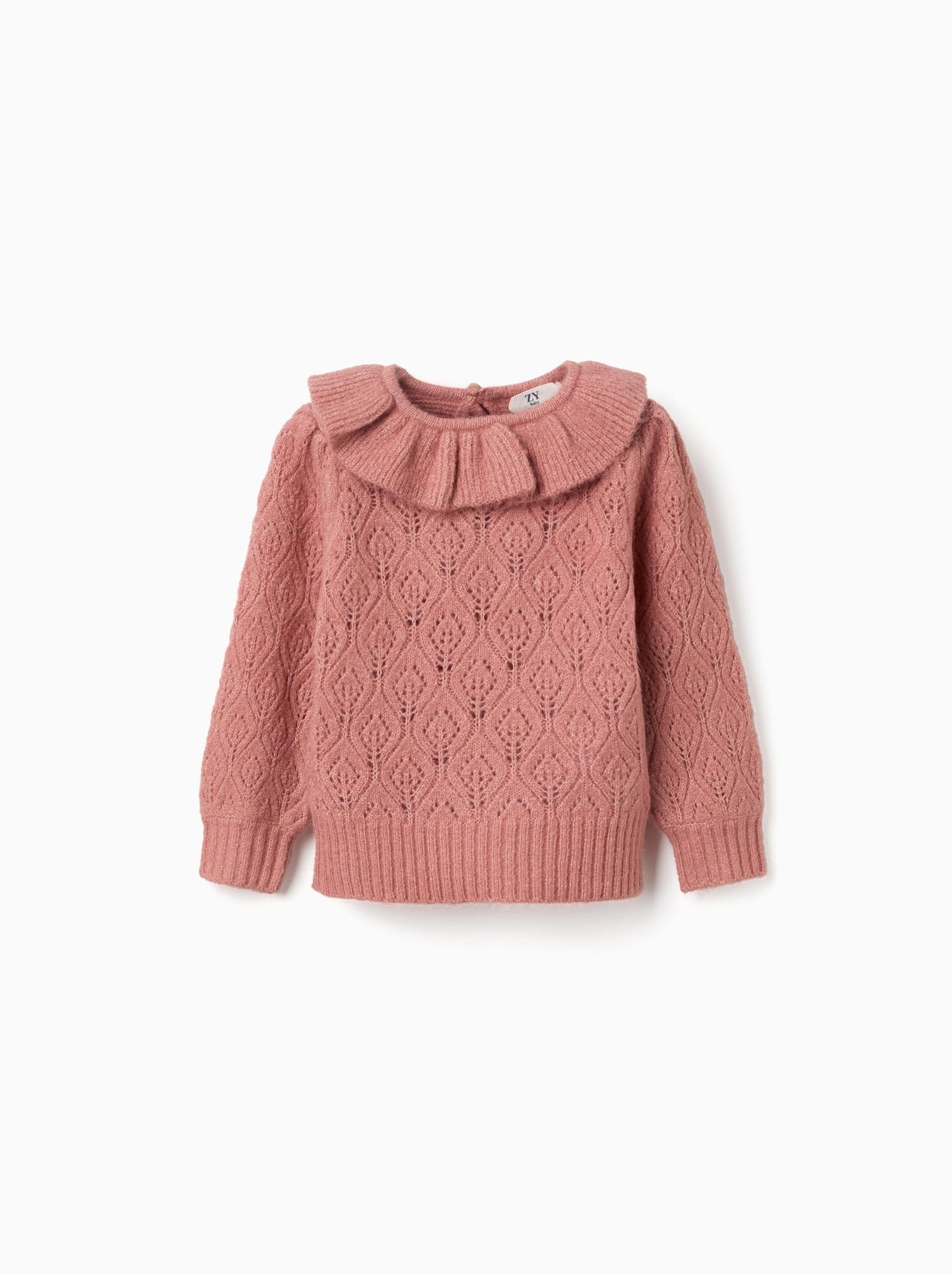 Pull en maille ajourée avec col à volants - Rose