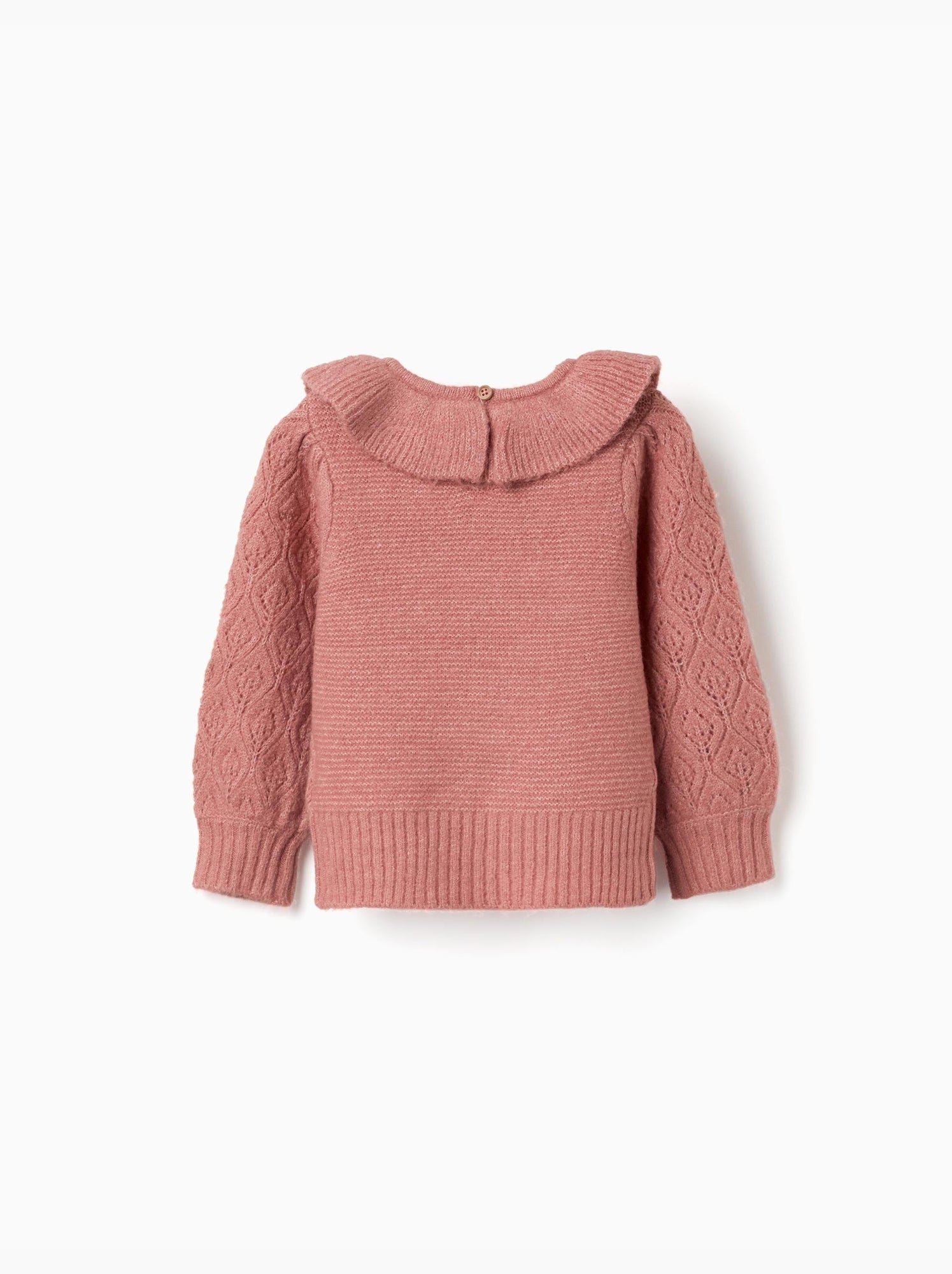 Pull en maille ajourée avec col à volants - Rose