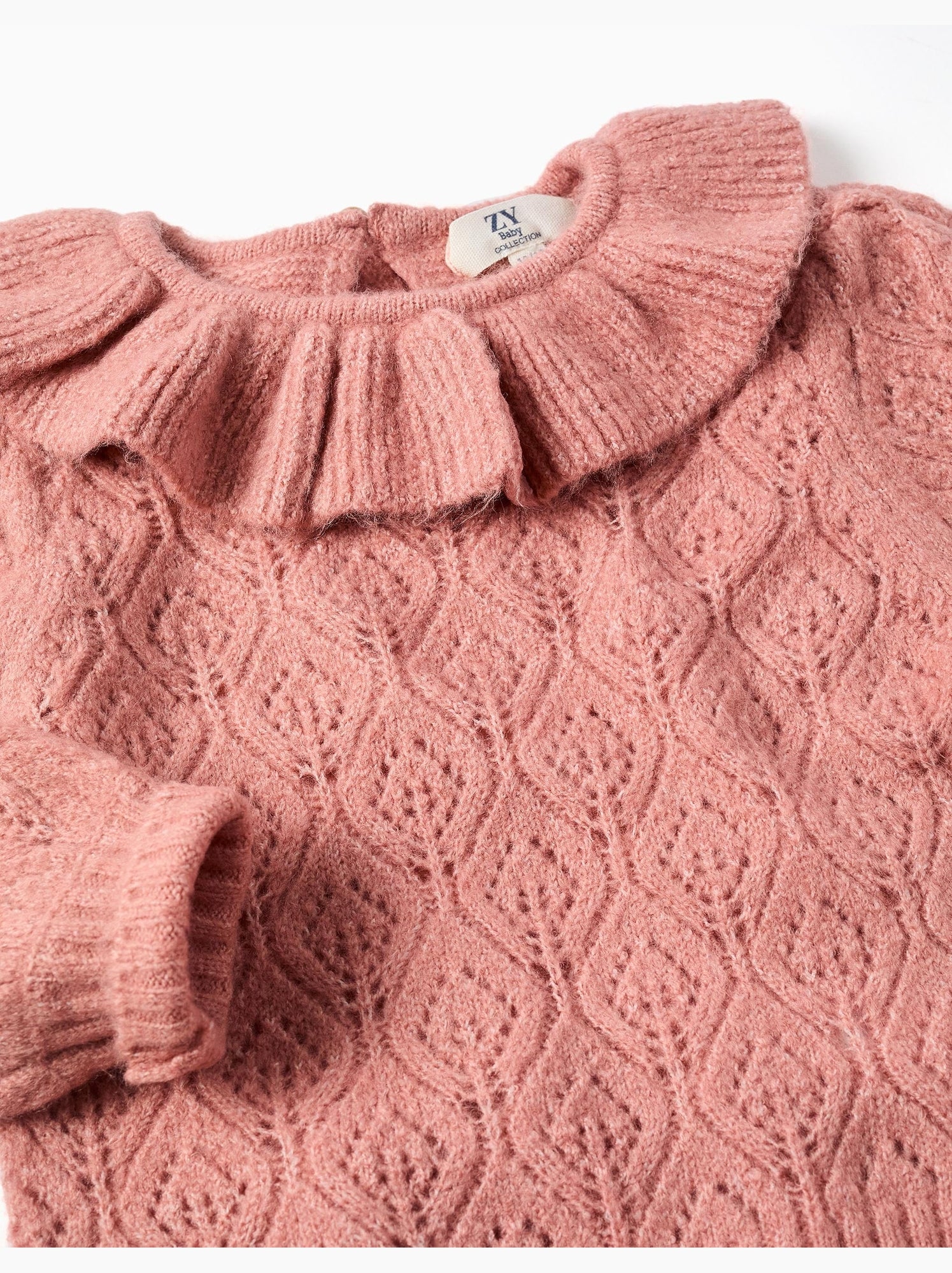 Pull en maille ajourée avec col à volants - Rose