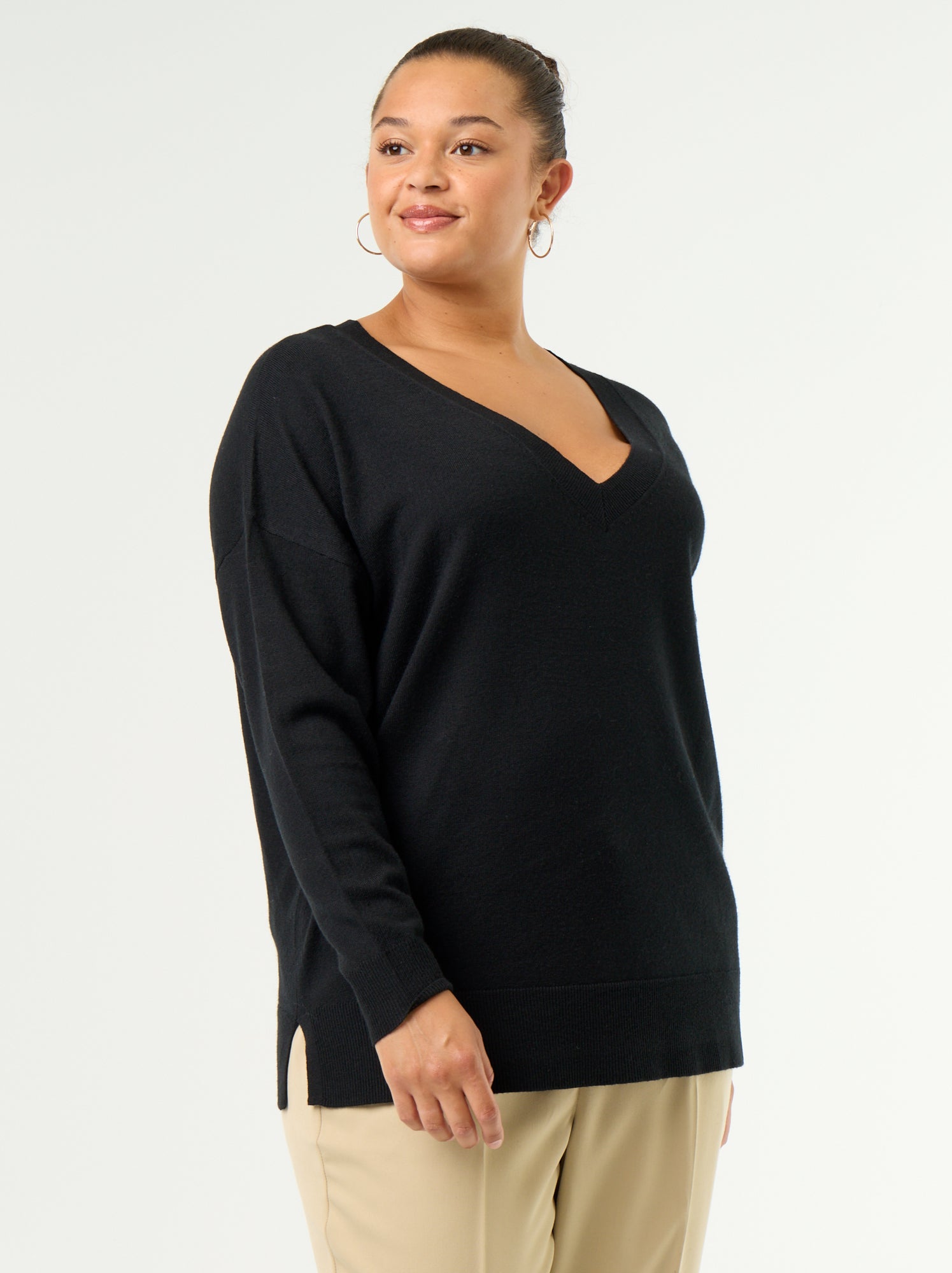 Pull en maille fine col V - Noir