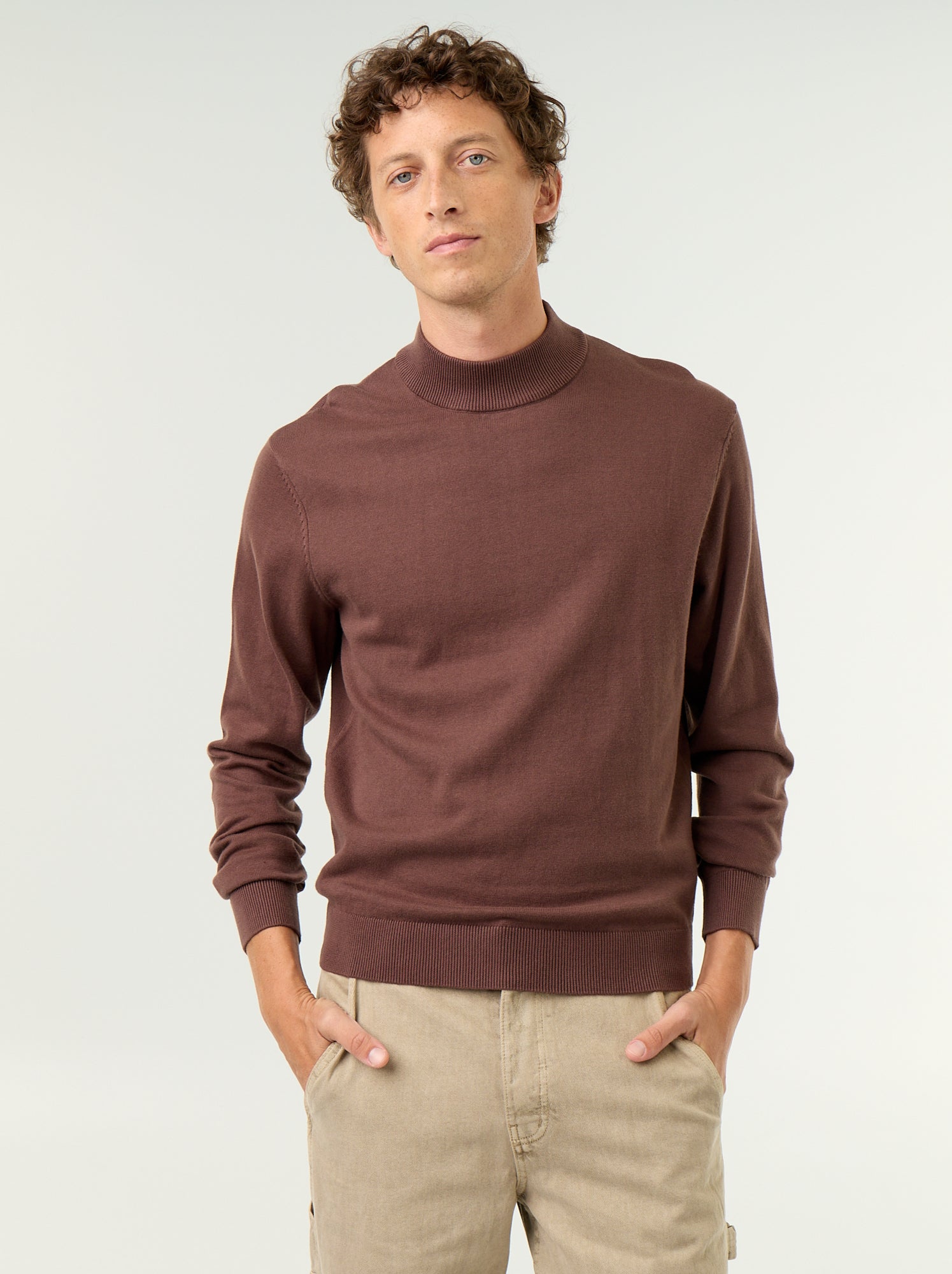 Pull en maille fine jauge avec col montant - Marron (GBO84_3)