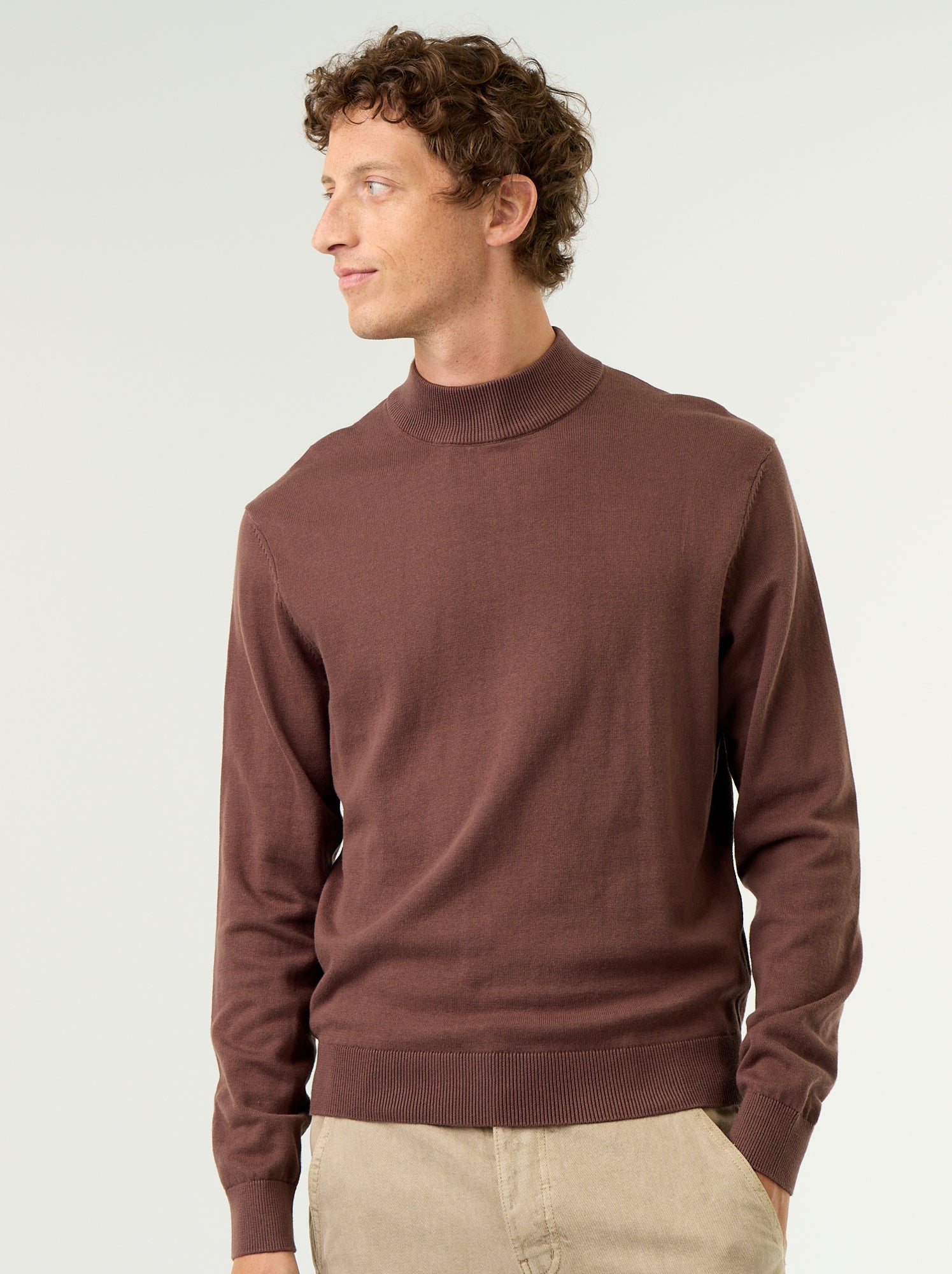 Pull en maille fine jauge avec col montant - Marron (GBO84_3)