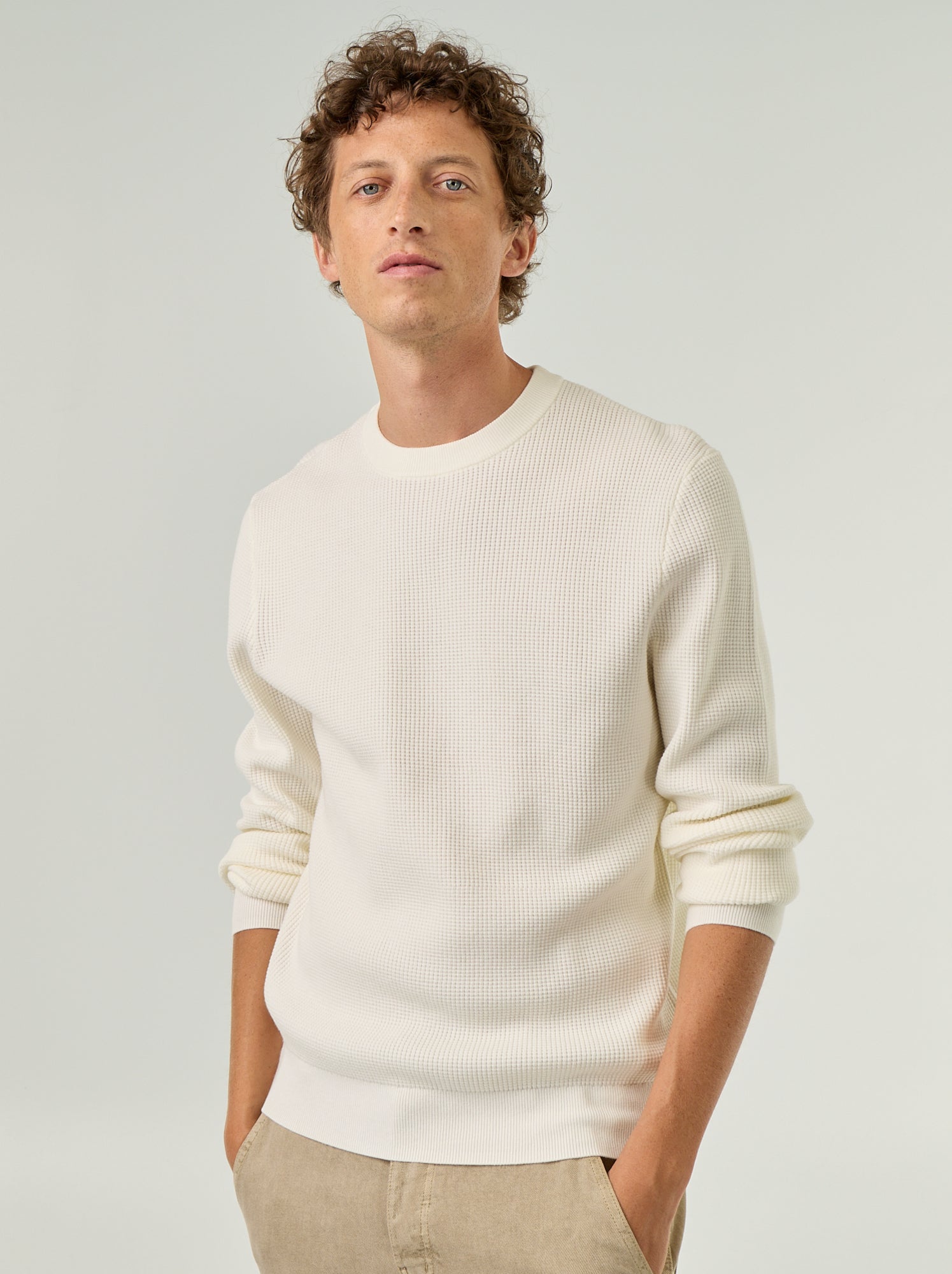 Pull en maille gaufrée à col rond - Blanc