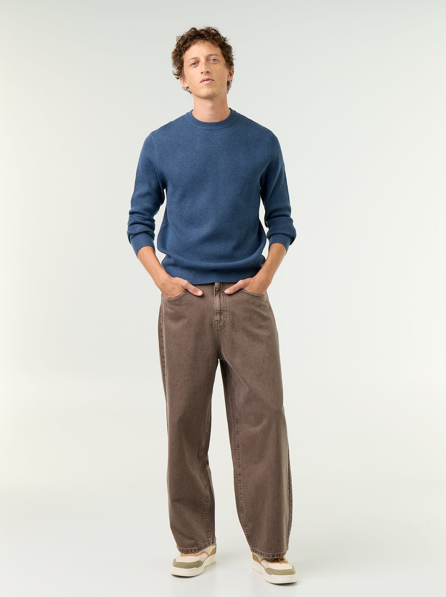 Pull en maille gaufrée à col rond - Bleu