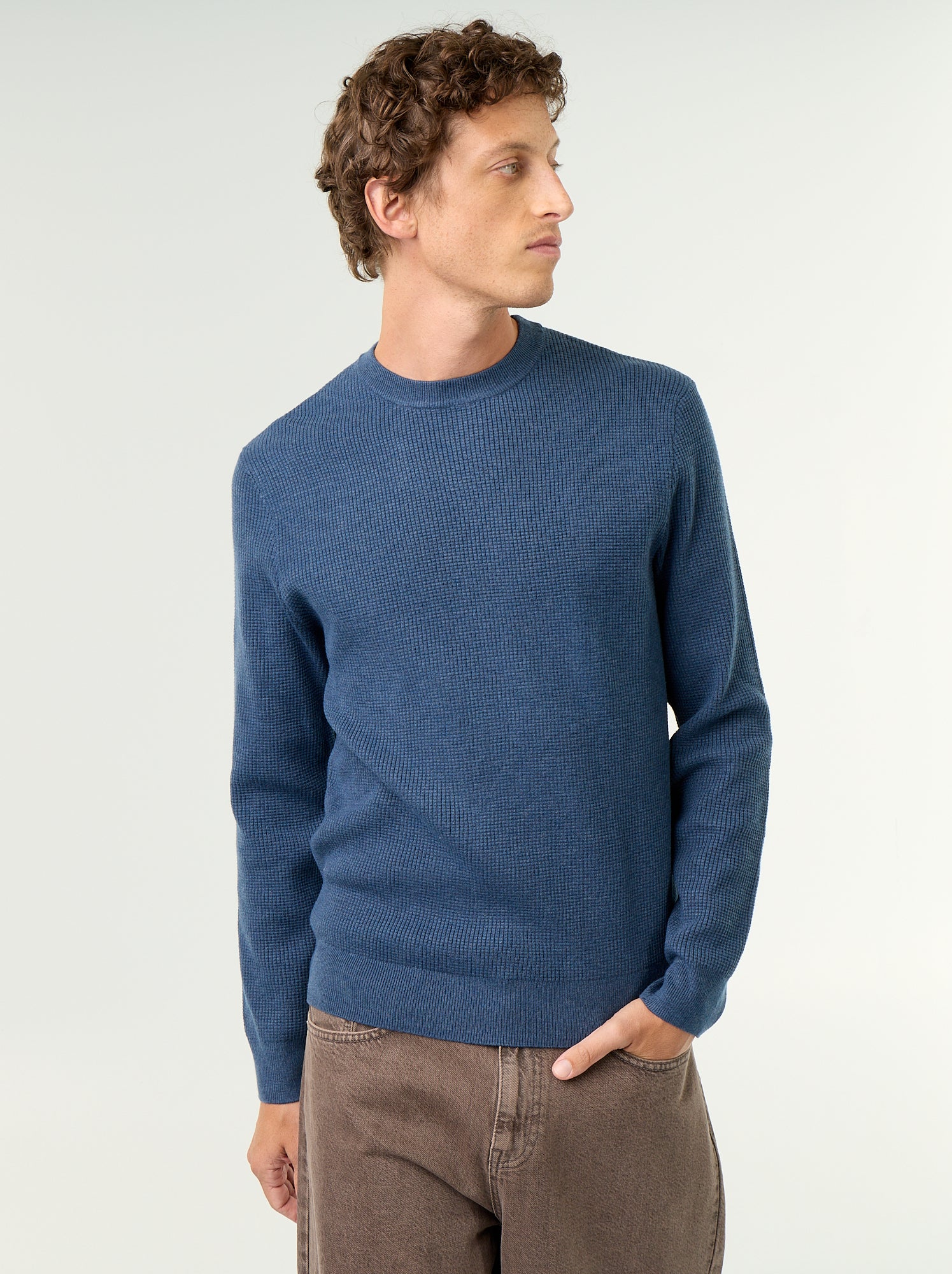 Pull en maille gaufrée à col rond - Bleu