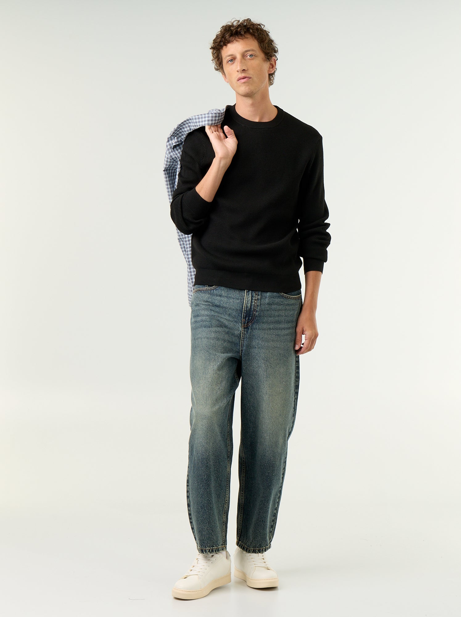 Pull en maille gaufrée à col rond - Noir