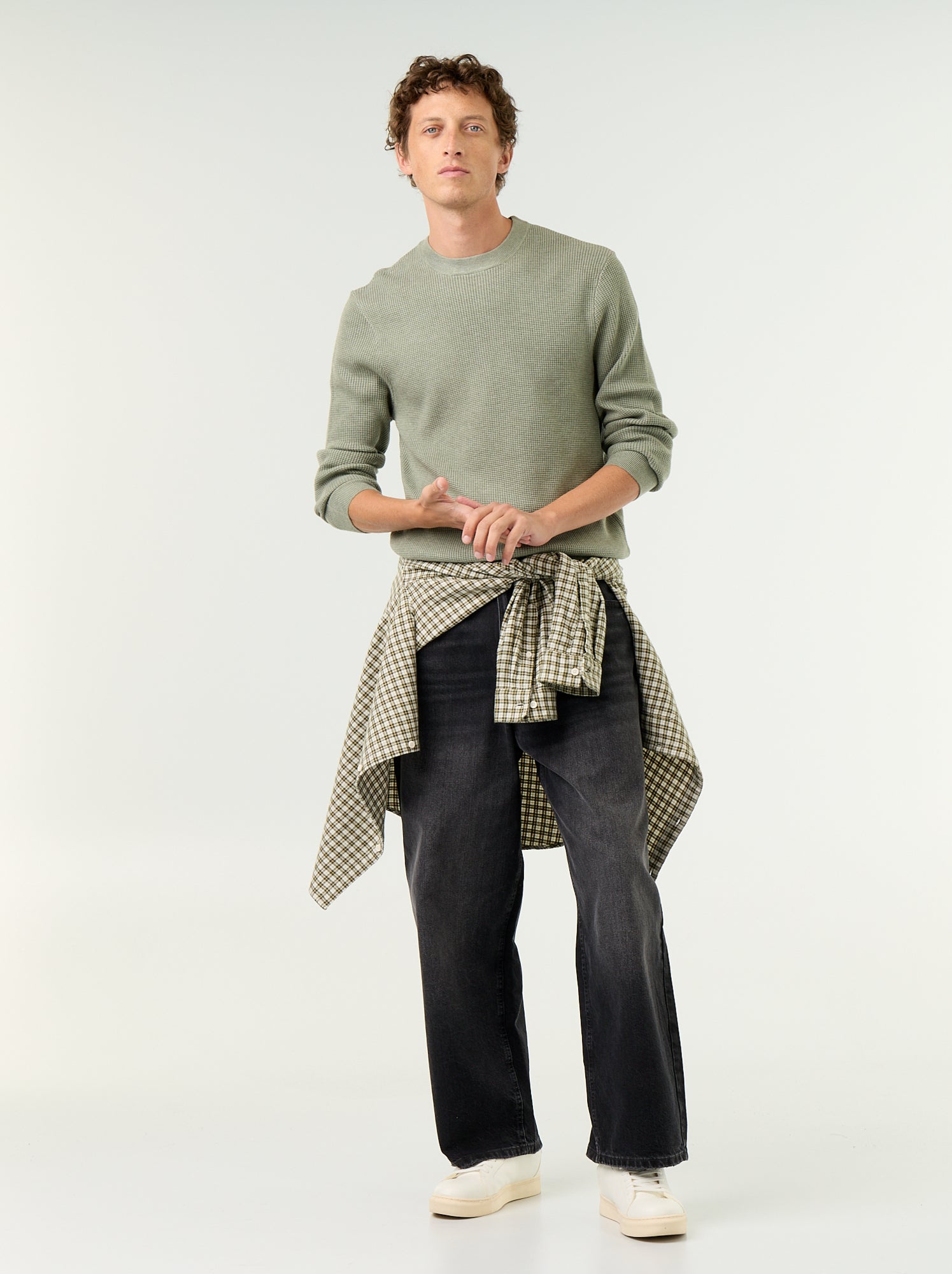Pull en maille gaufrée à col rond - Vert