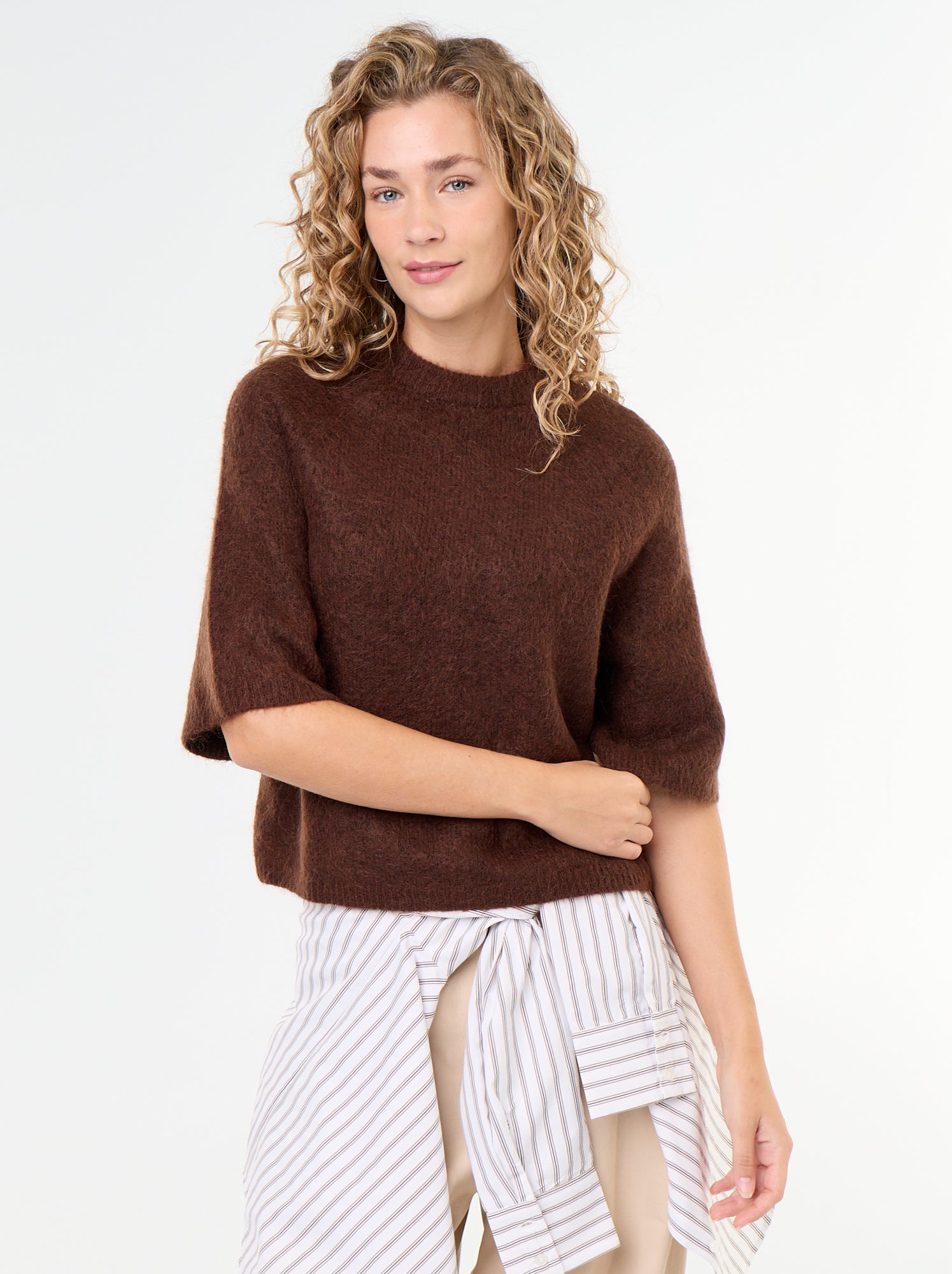 Pull en mohair manches courtes / emmanchure basse - Marron