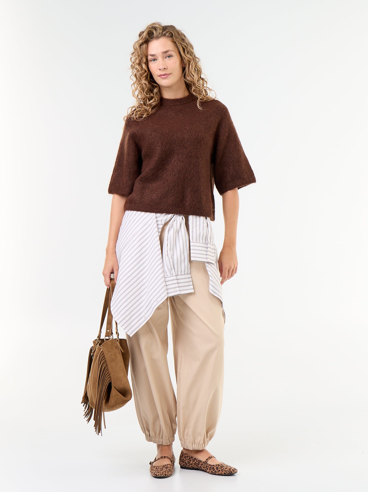 Pull en mohair manches courtes / emmanchure basse - Marron