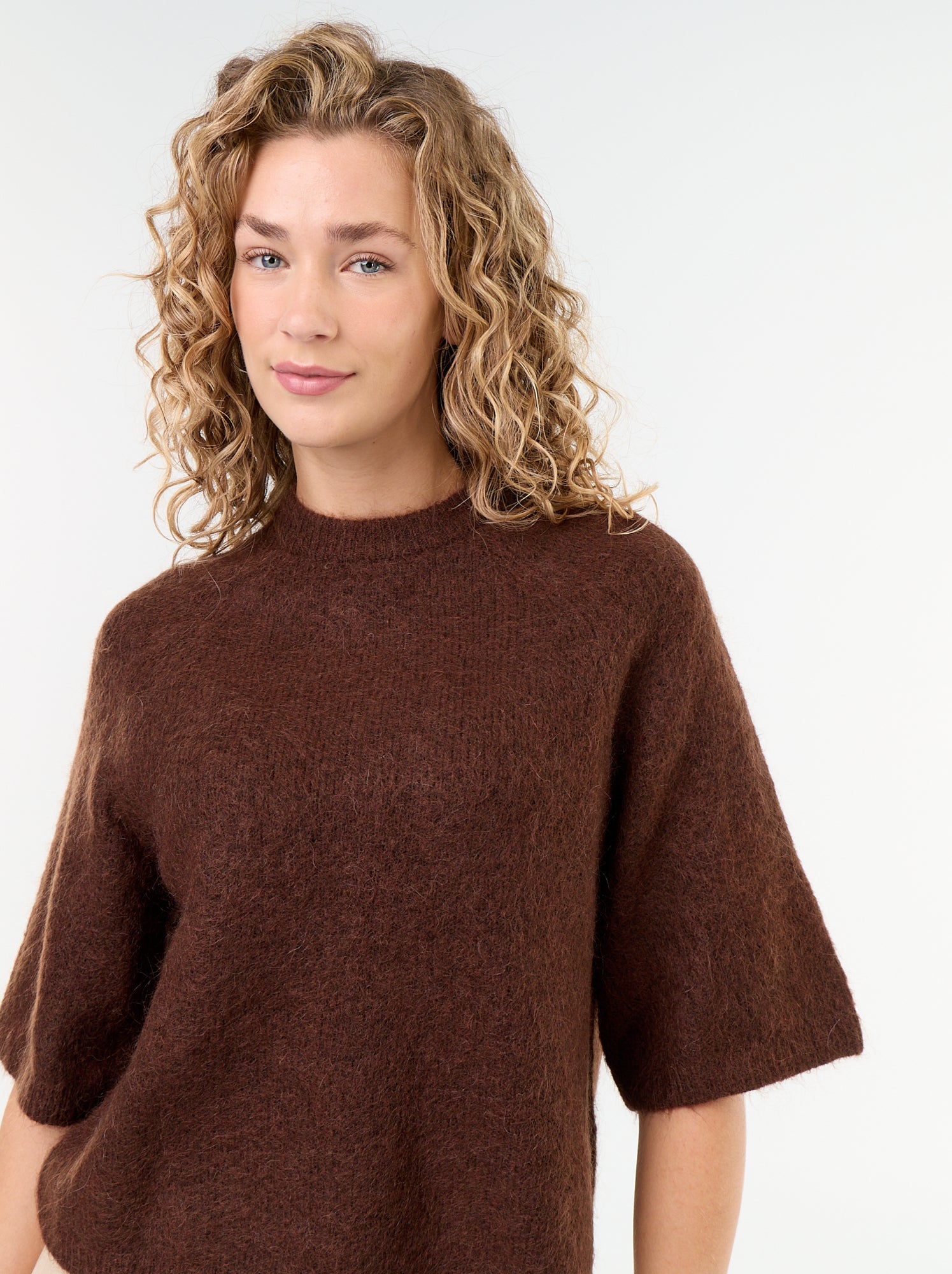 Pull en mohair manches courtes / emmanchure basse - Marron