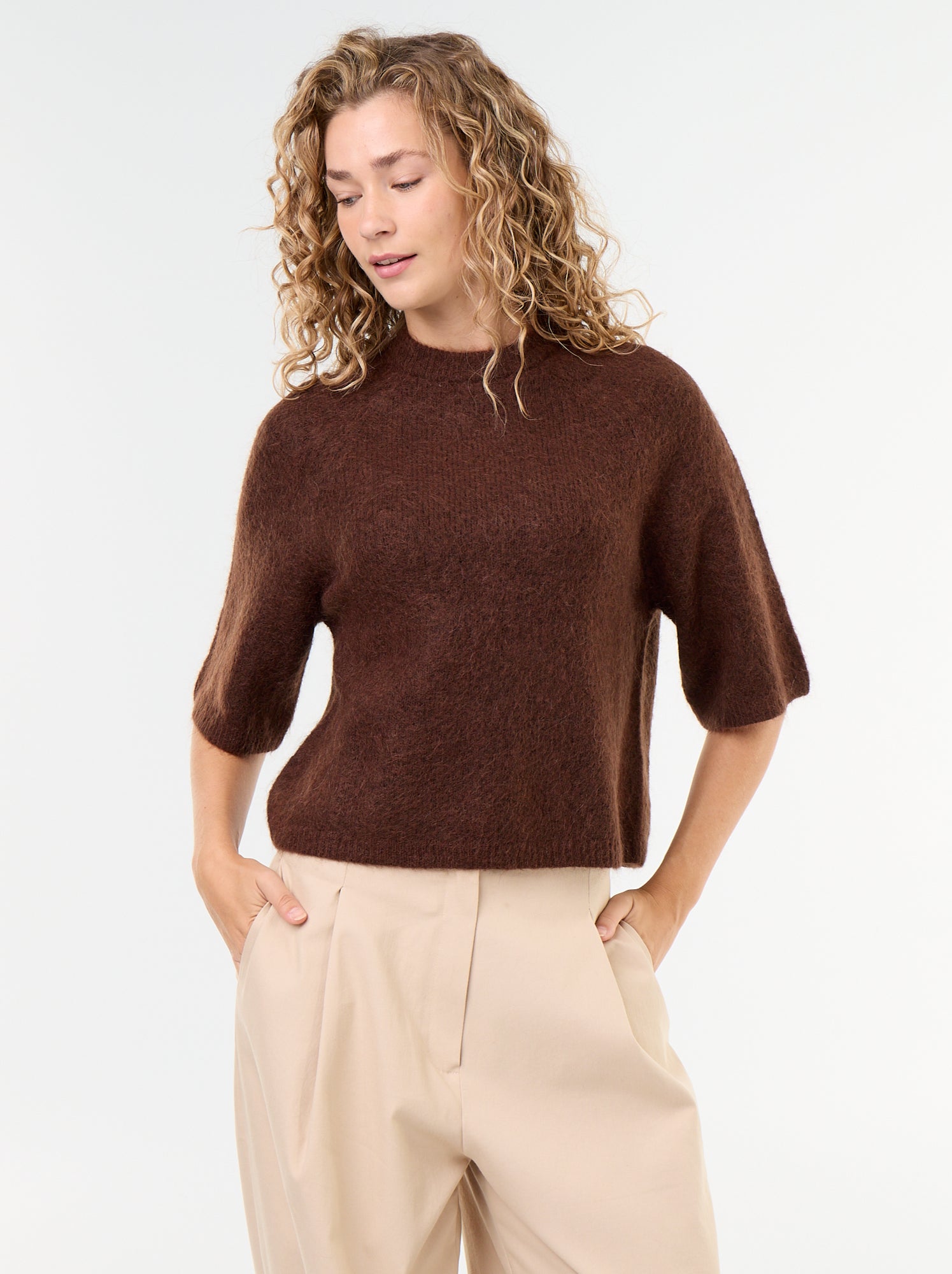 Pull en mohair manches courtes / emmanchure basse - Marron