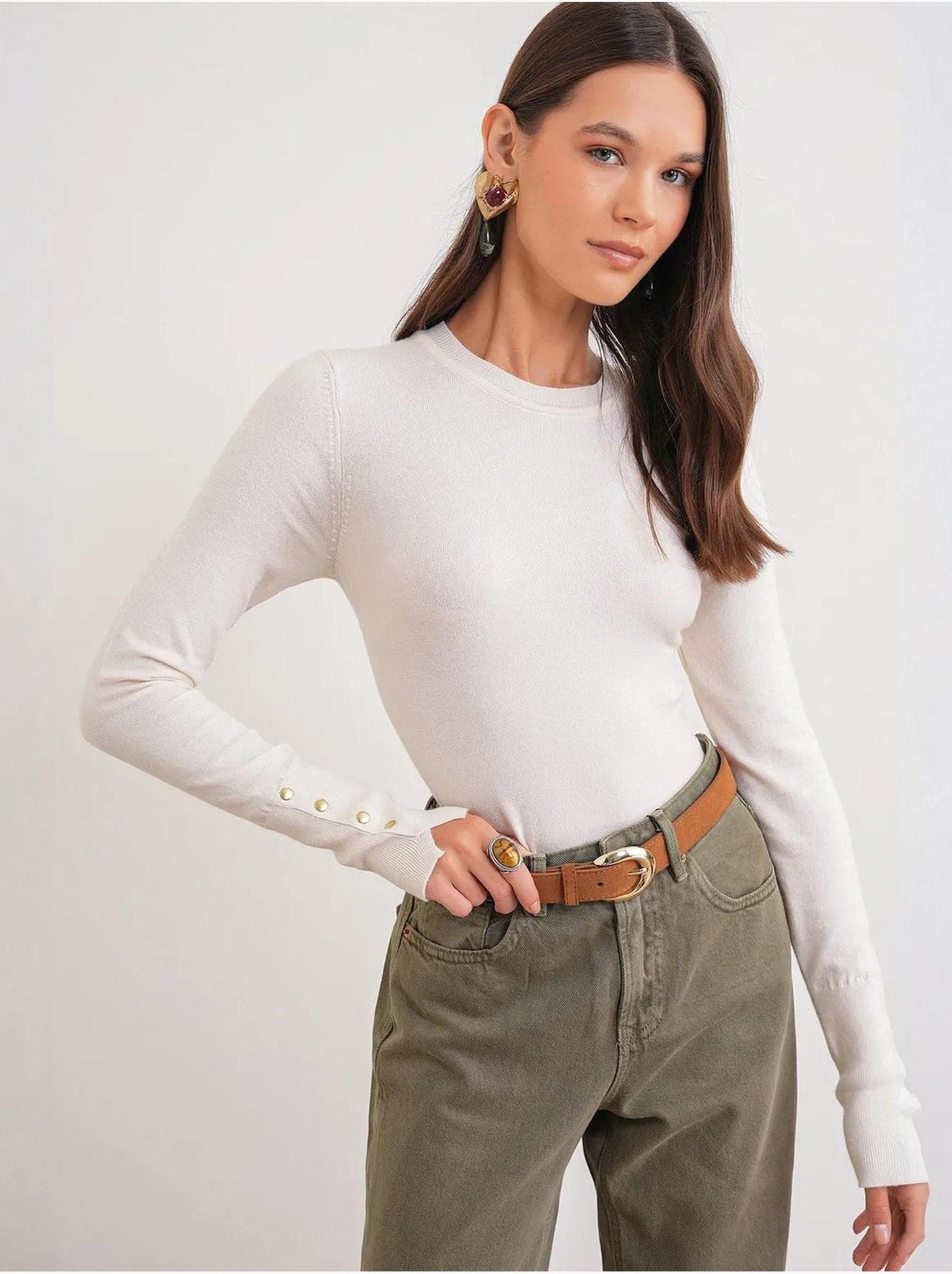 Pull en tricot à col rond et coupe slim mixray - Beige