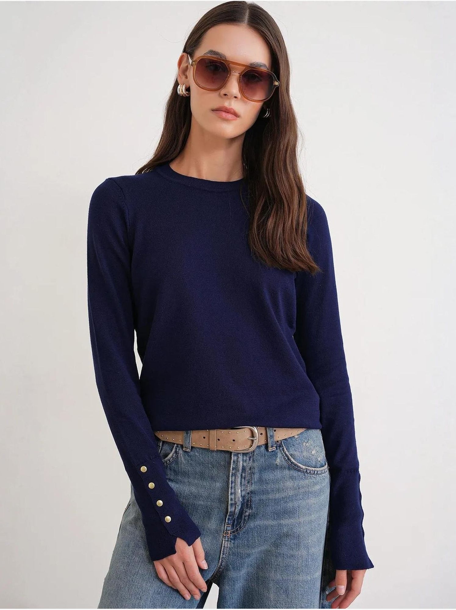 Pull en tricot à col rond et coupe slim mixray - Bleu marine