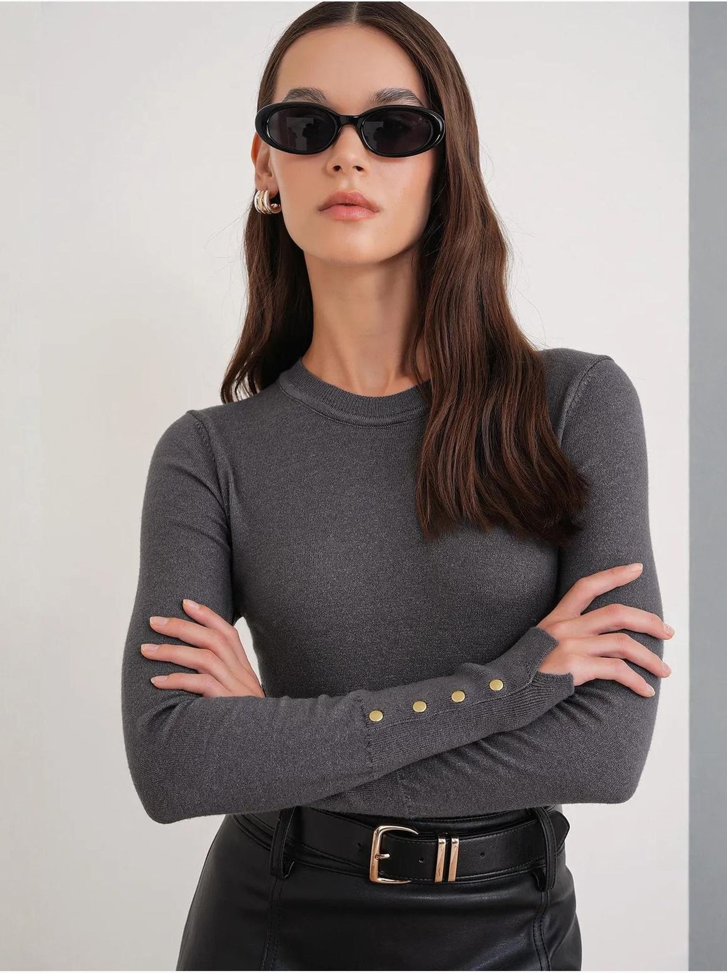 Pull en tricot à col rond et coupe slim mixray - Gris foncé