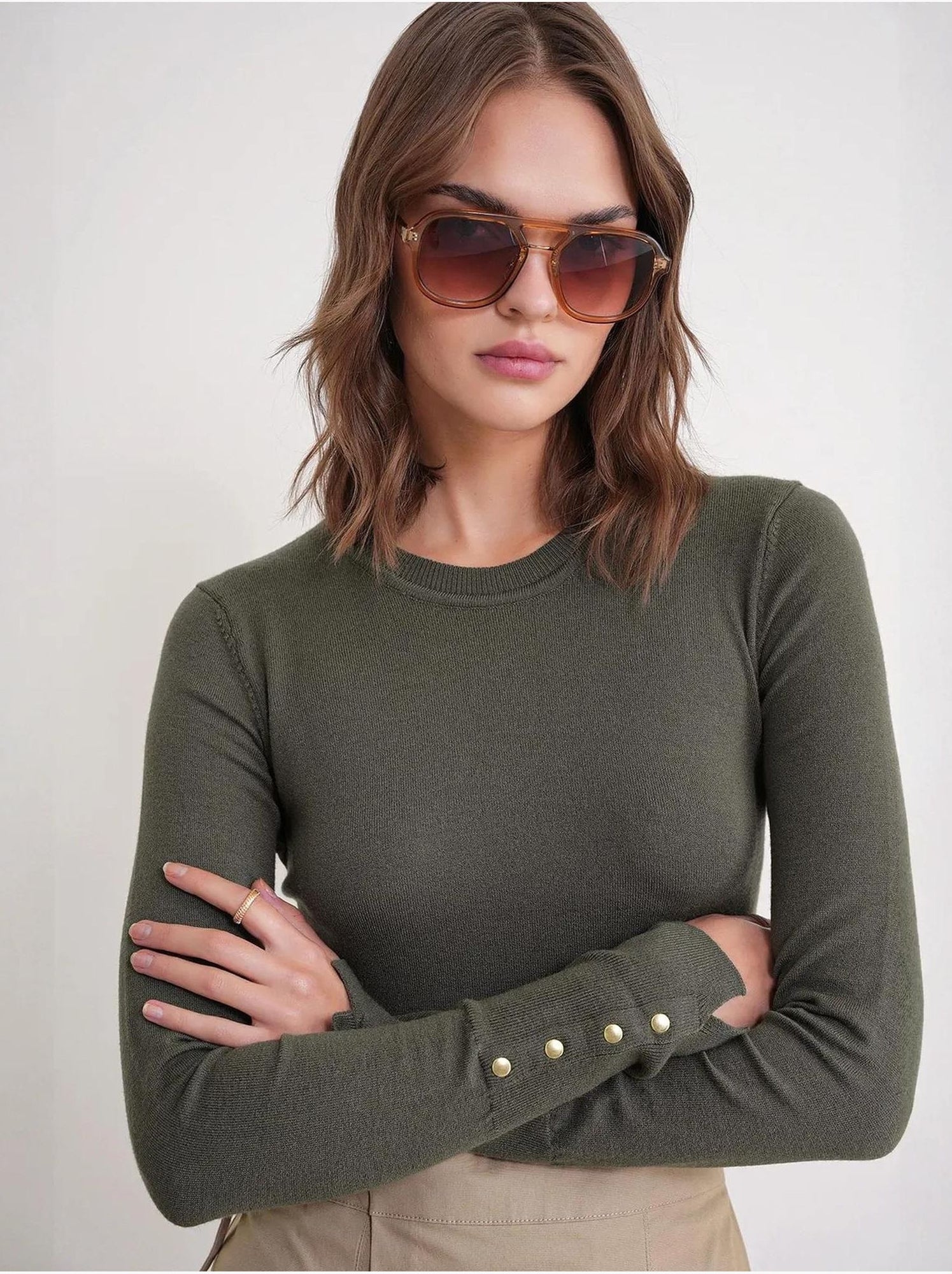 Pull en tricot à col rond et coupe slim mixray - Kaki