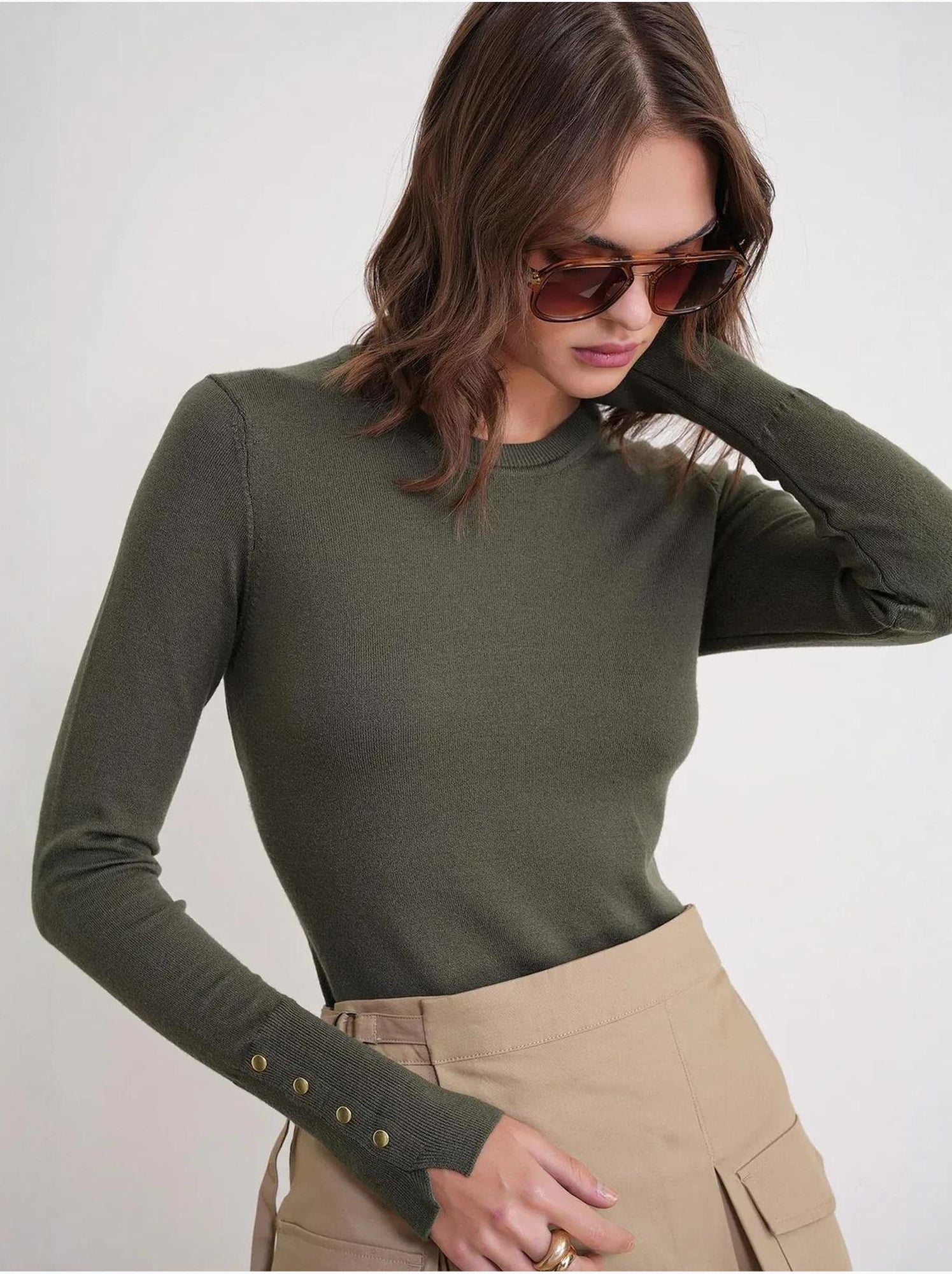 Pull en tricot à col rond et coupe slim mixray - Kaki