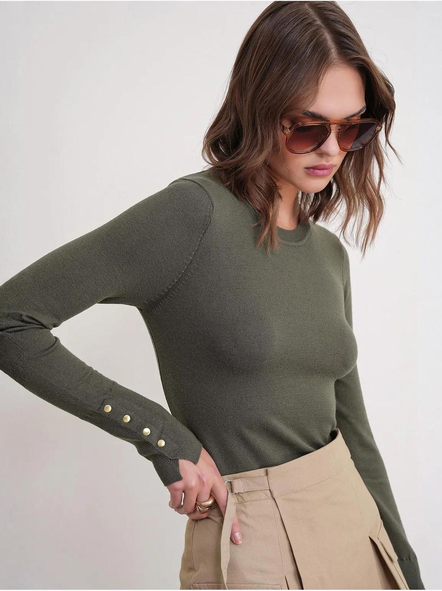 Pull en tricot à col rond et coupe slim mixray - Kaki