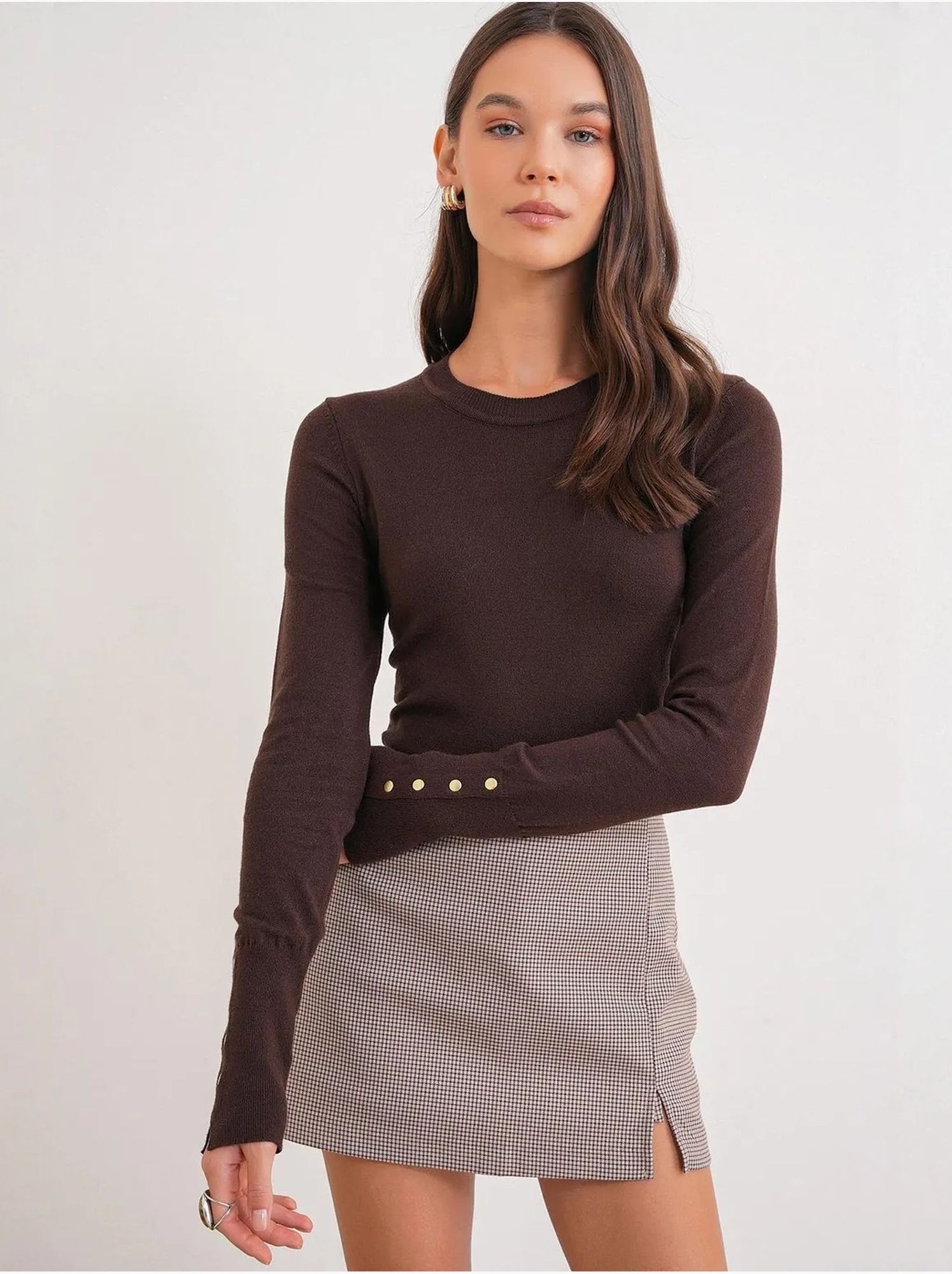 Pull en tricot à col rond et coupe slim mixray - Marron foncé