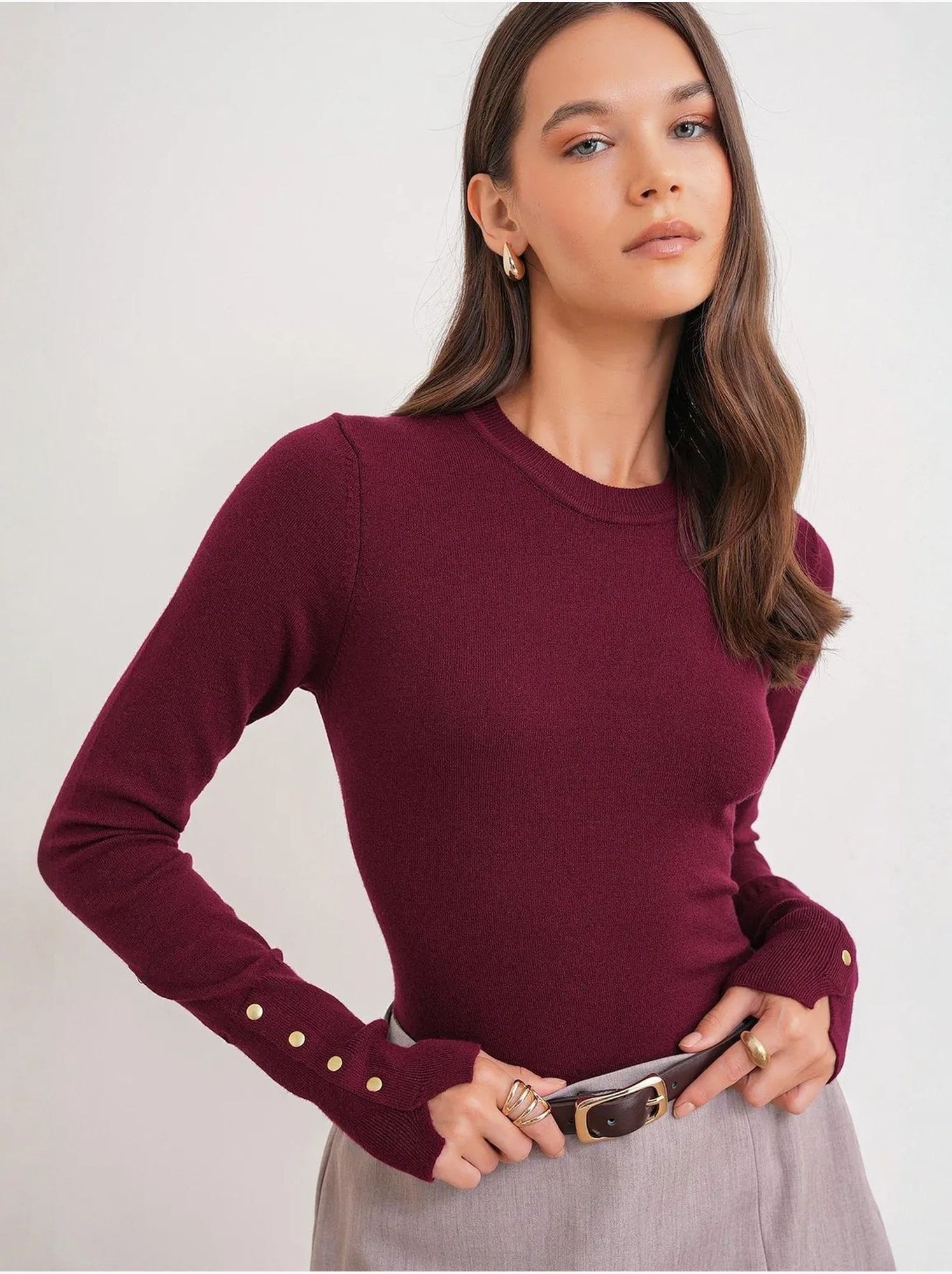 Pull en tricot à col rond et coupe slim mixray - Rouge cachemire