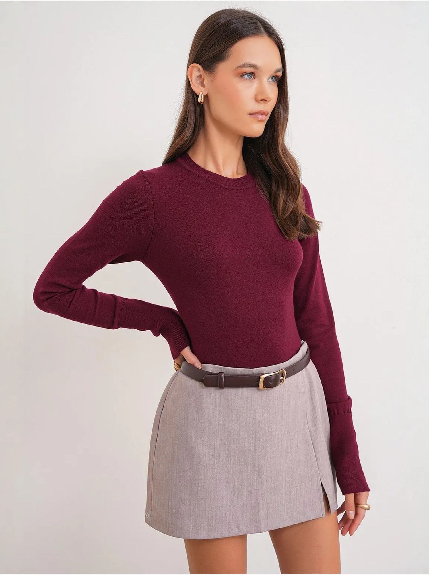 Pull en tricot à col rond et coupe slim mixray - Rouge cachemire