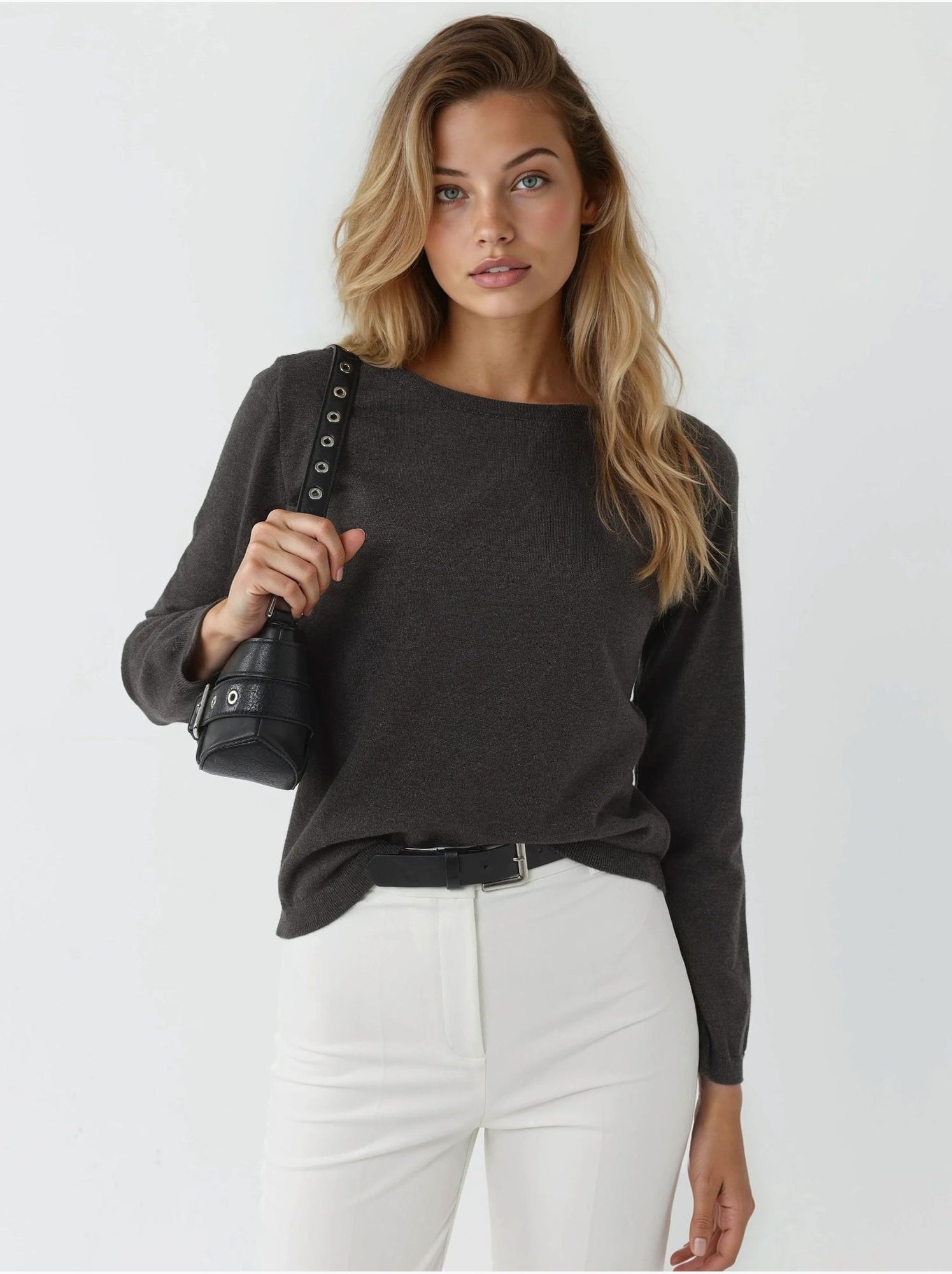 Pull en tricot à col rond - Gris Noir
