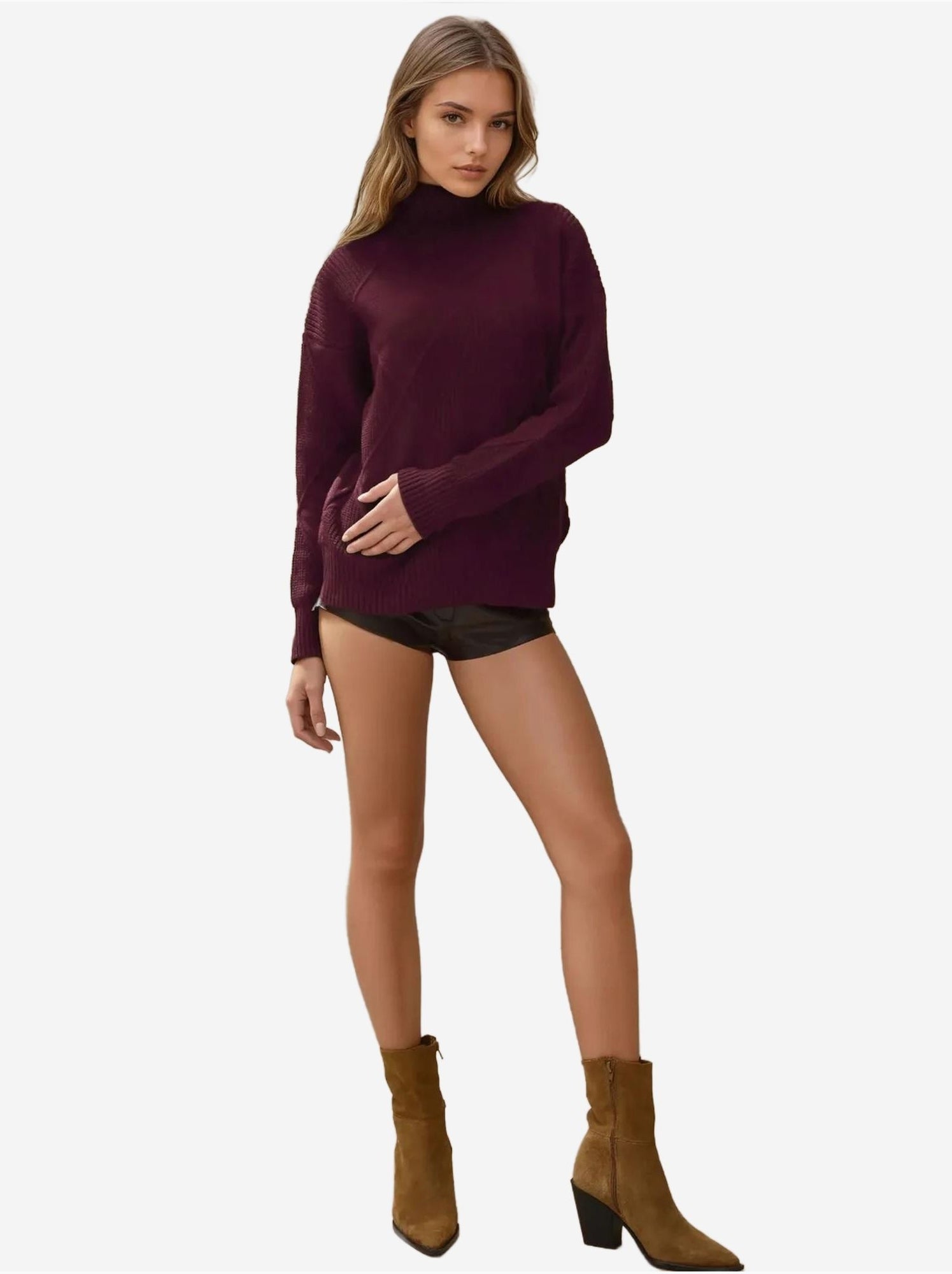 Pull en tricot à col roulé - Rouge bordeaux