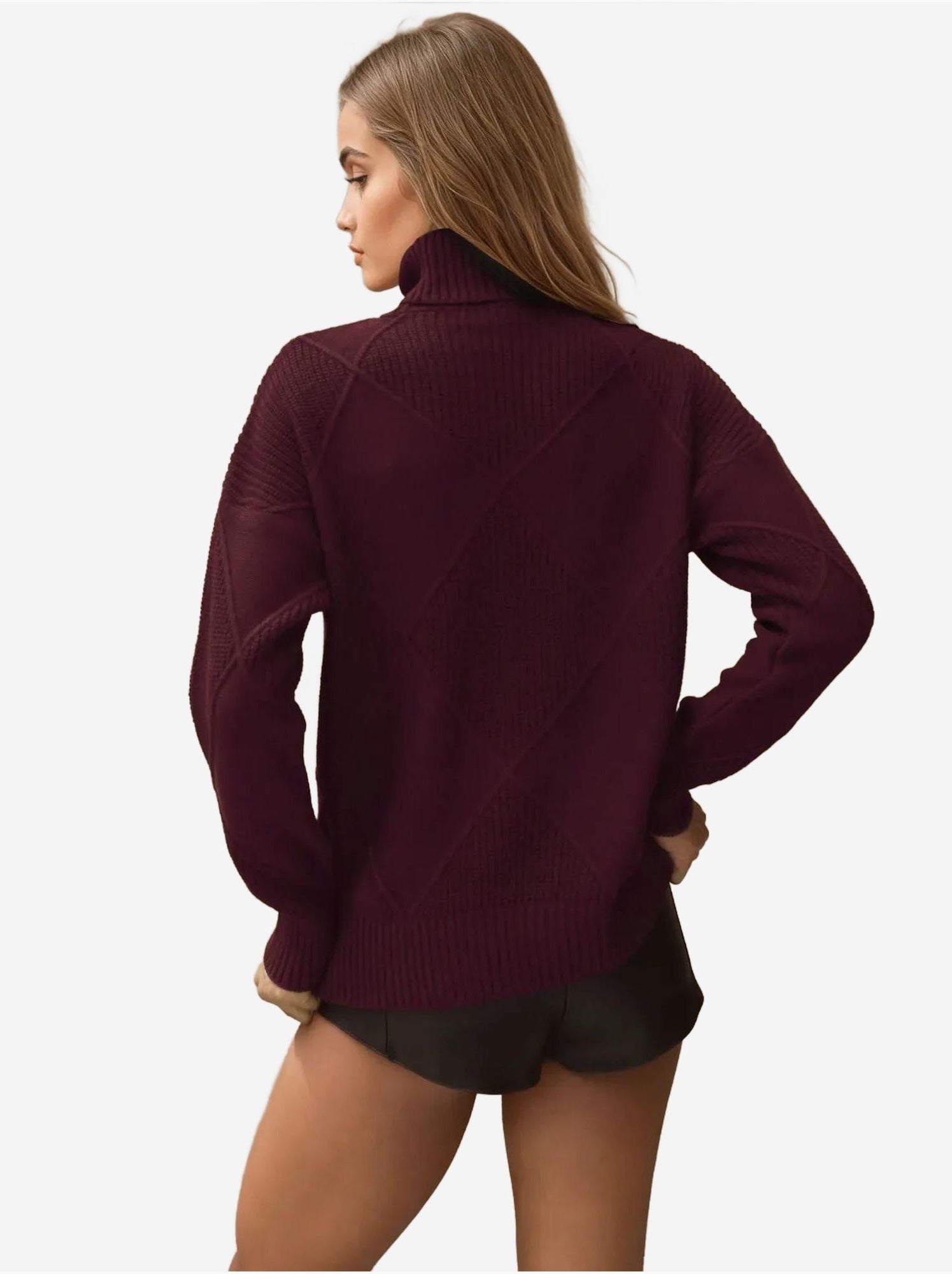 Pull en tricot à col roulé - Rouge bordeaux