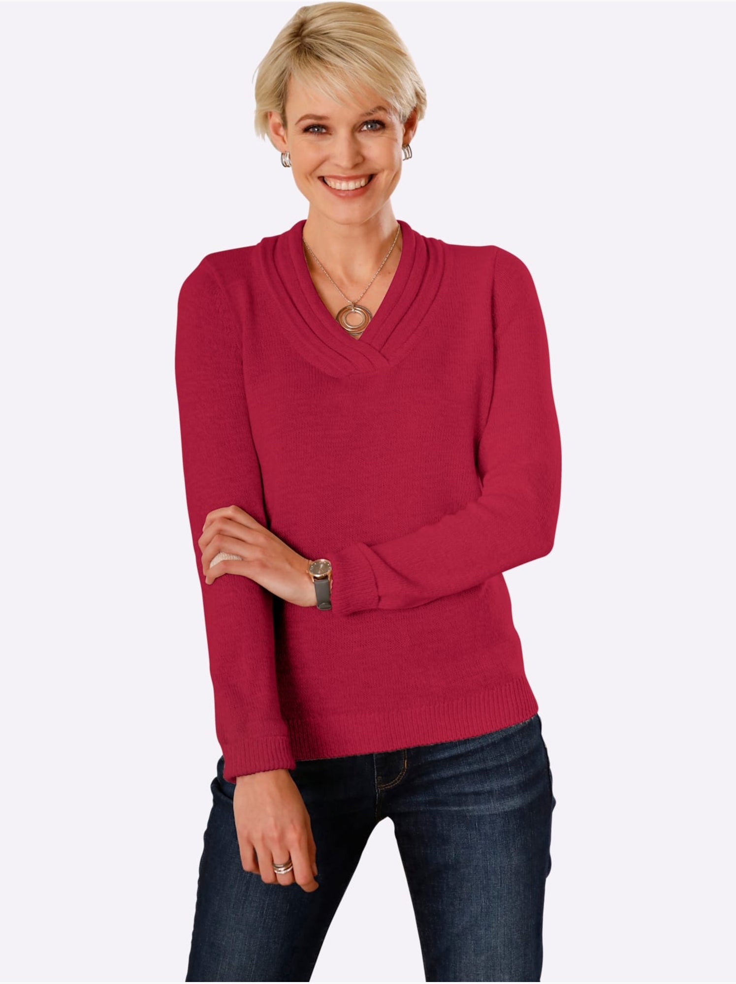 Pull en tricot à col v avec bords-côtes aux manches et ourlet - taille standard - moda vilona - Framboise