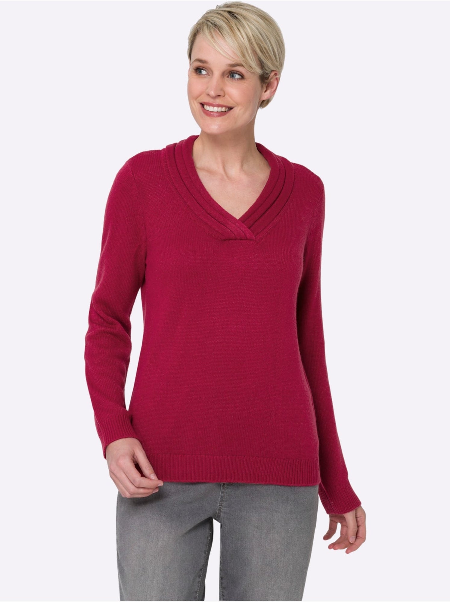 Pull en tricot à col v avec bords-côtes aux manches et ourlet - taille standard - moda vilona - Framboise
