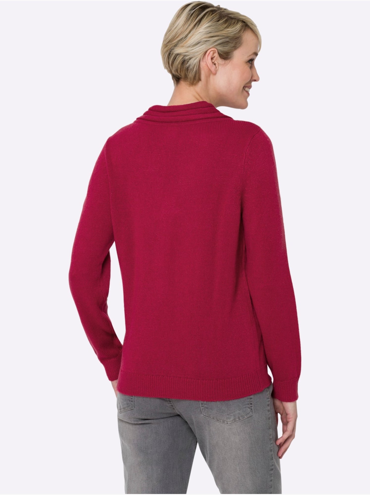 Pull en tricot à col v avec bords-côtes aux manches et ourlet - taille standard - moda vilona - Framboise