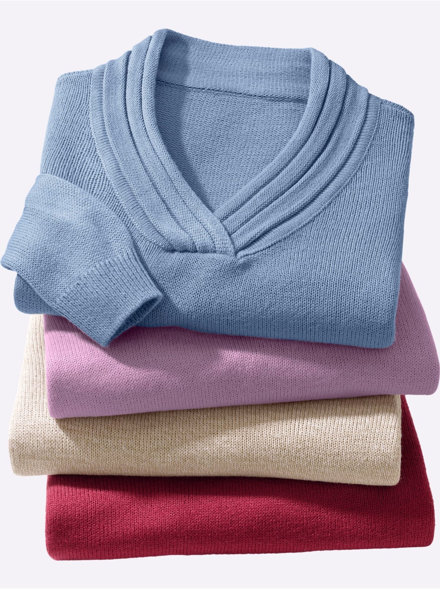 Pull en tricot à col v avec bords-côtes aux manches et ourlet - taille standard - moda vilona - Bleu