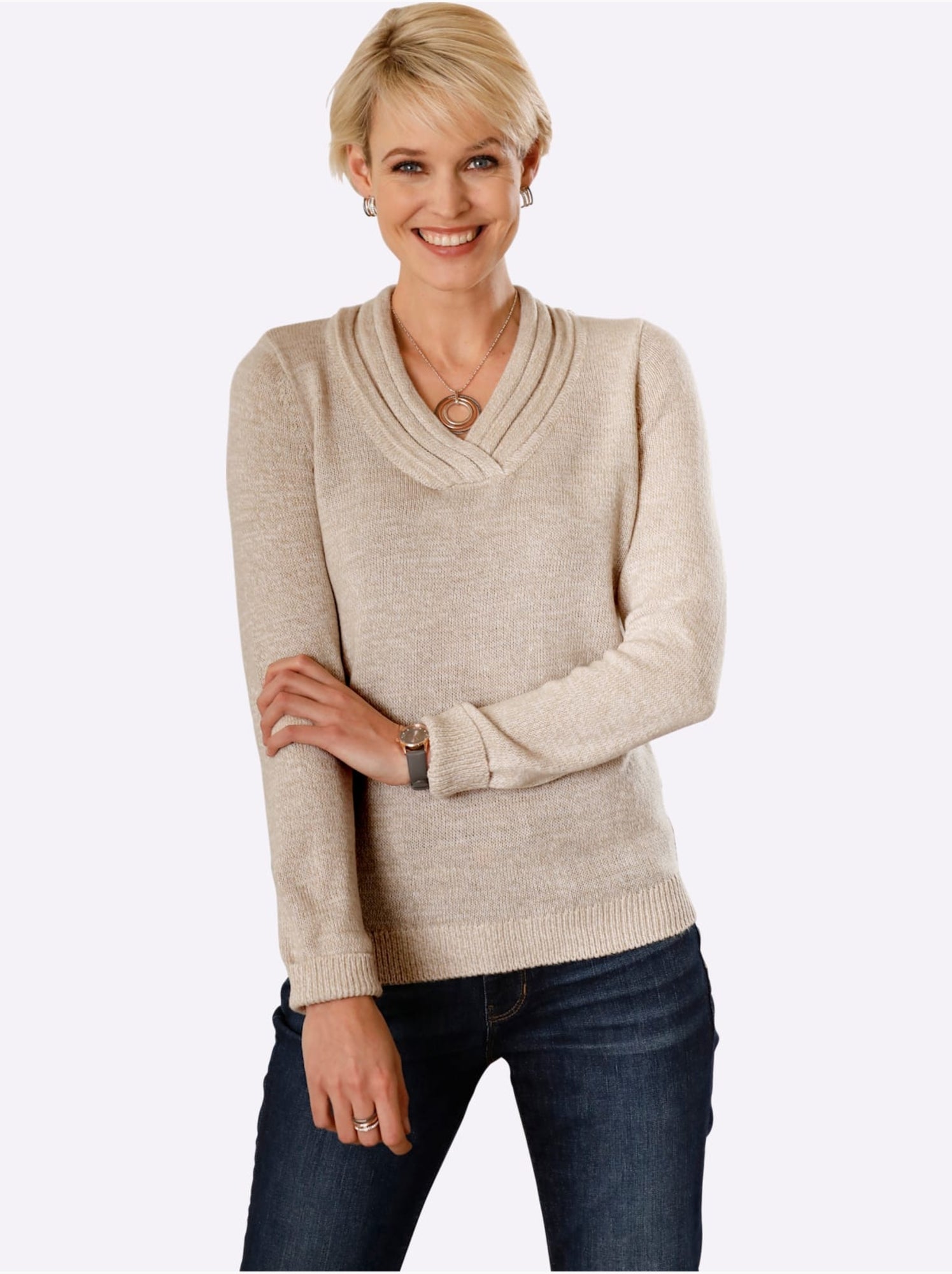 Pull en tricot à col v avec bords-côtes aux manches et ourlet - taille standard - moda vilona - Beige chiné
