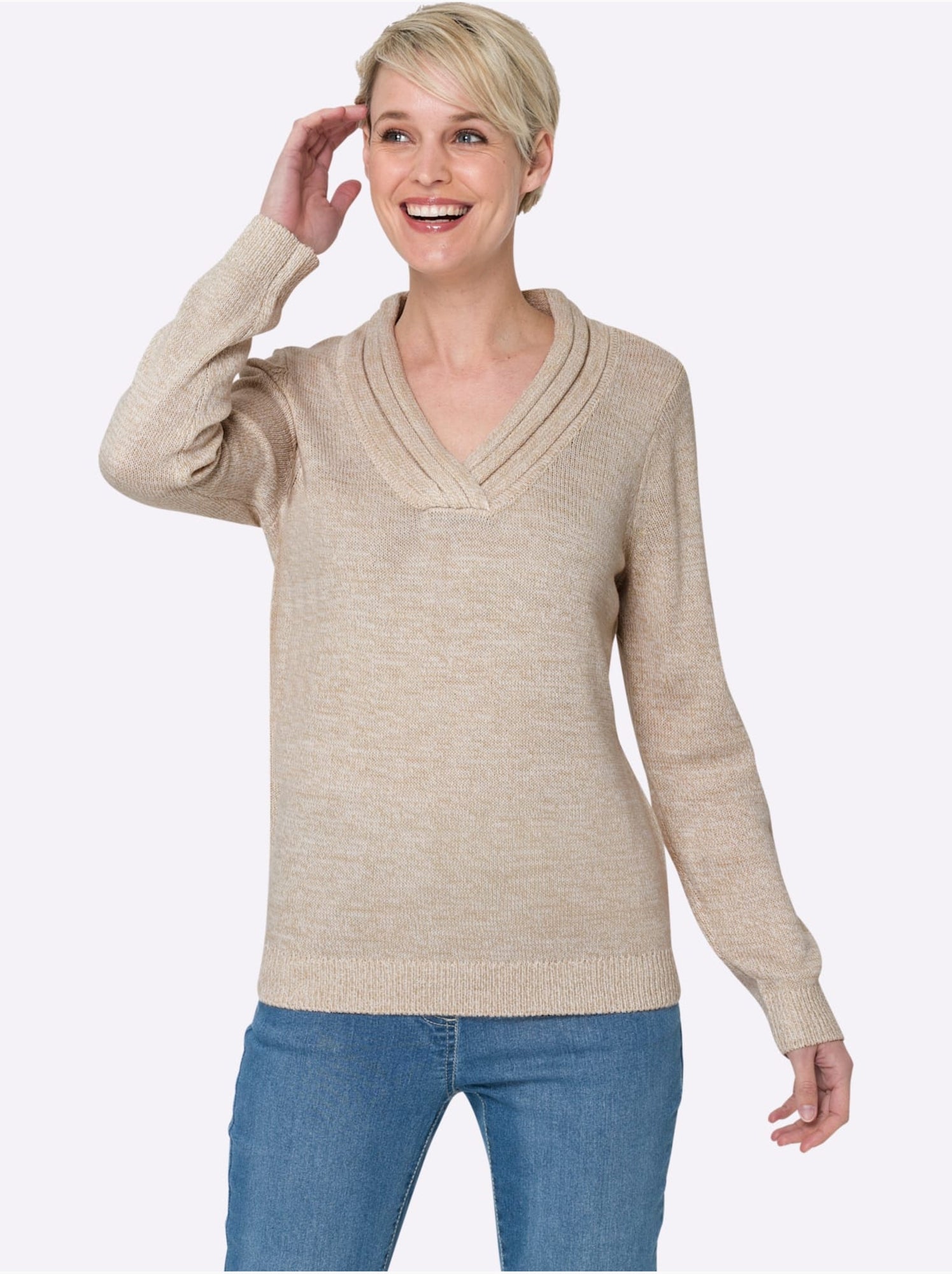 Pull en tricot à col v avec bords-côtes aux manches et ourlet - taille standard - moda vilona - Beige chiné