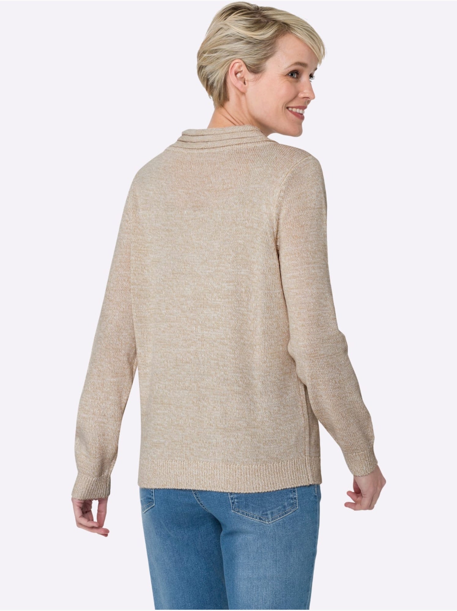 Pull en tricot à col v avec bords-côtes aux manches et ourlet - taille standard - moda vilona - Beige chiné