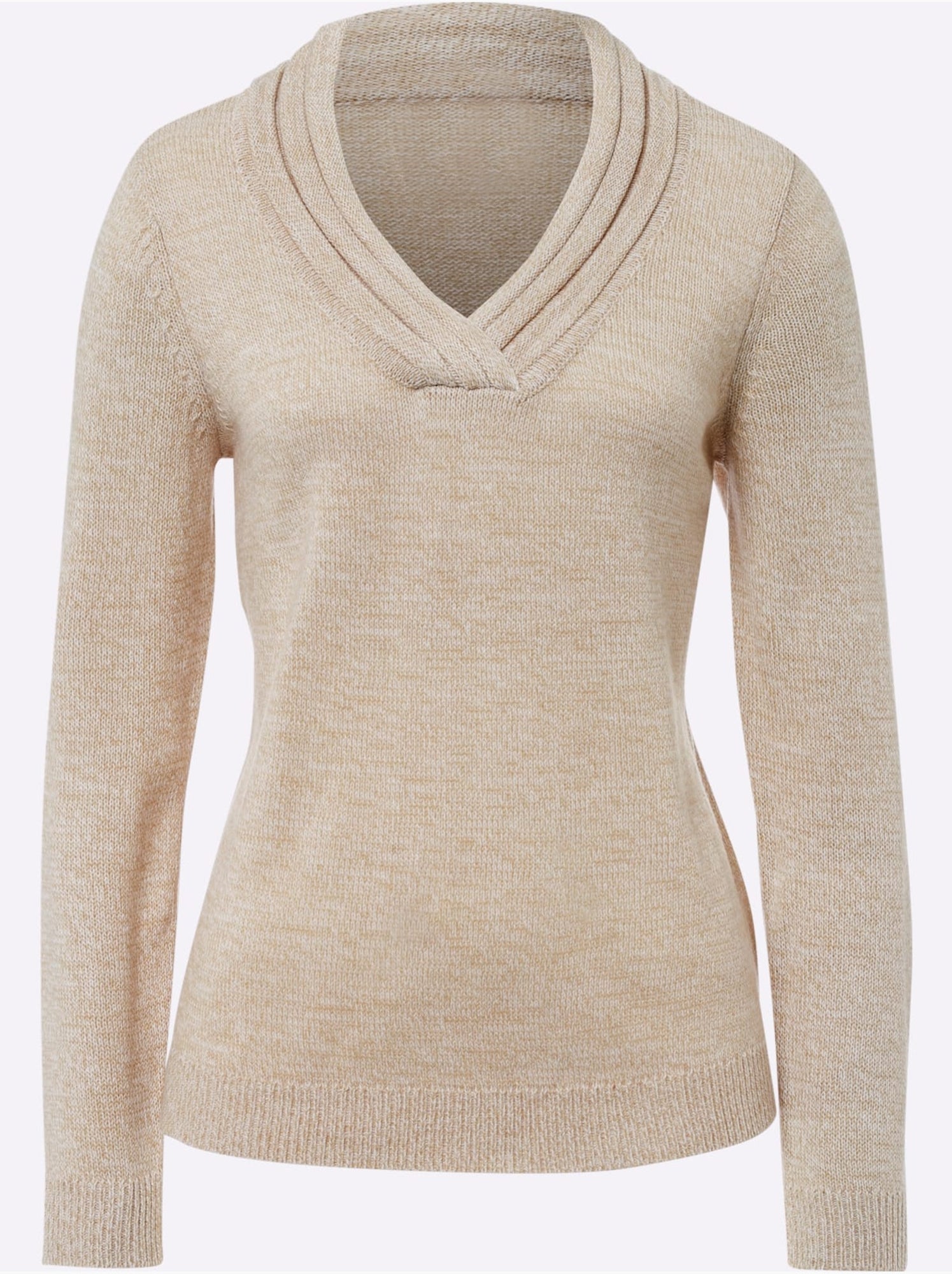 Pull en tricot à col v avec bords-côtes aux manches et ourlet - taille standard - moda vilona - Beige chiné