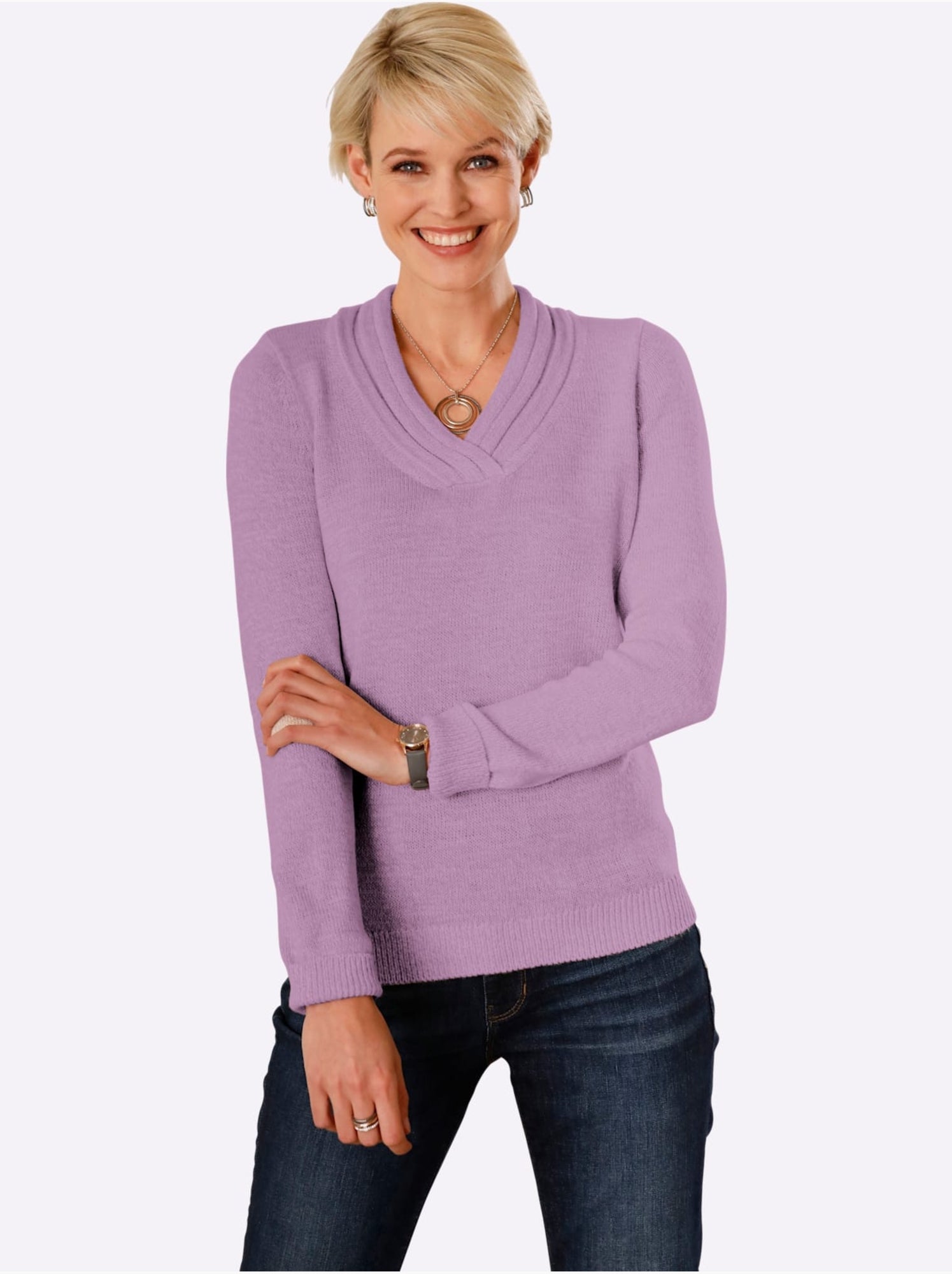 Pull en tricot à col v avec bords-côtes aux manches et ourlet - taille standard - moda vilona - Rose