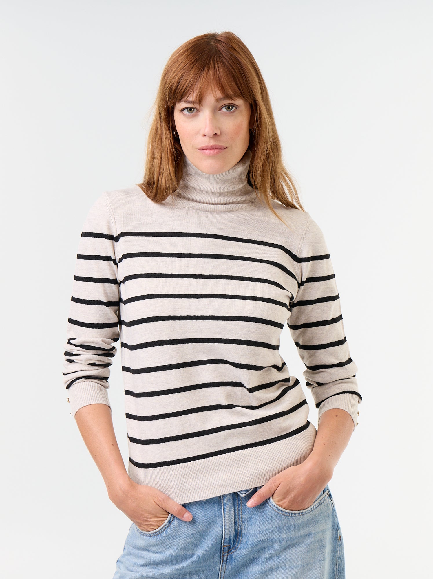 Pull fine jauge col roulé - Beige