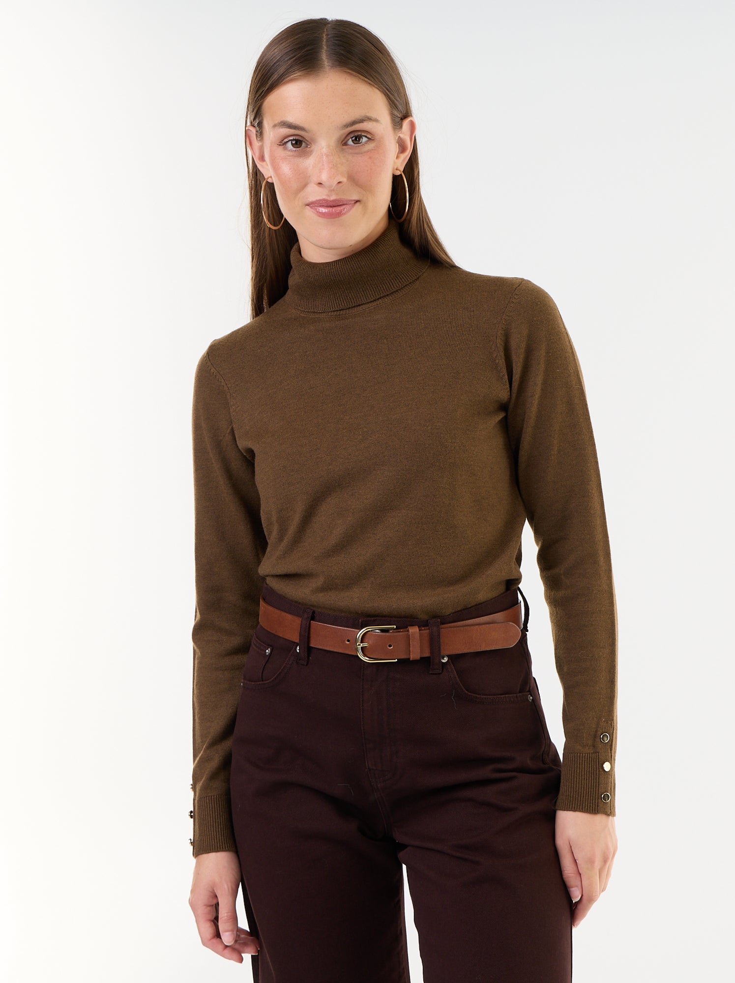 Pull fine jauge col roulé - Marron