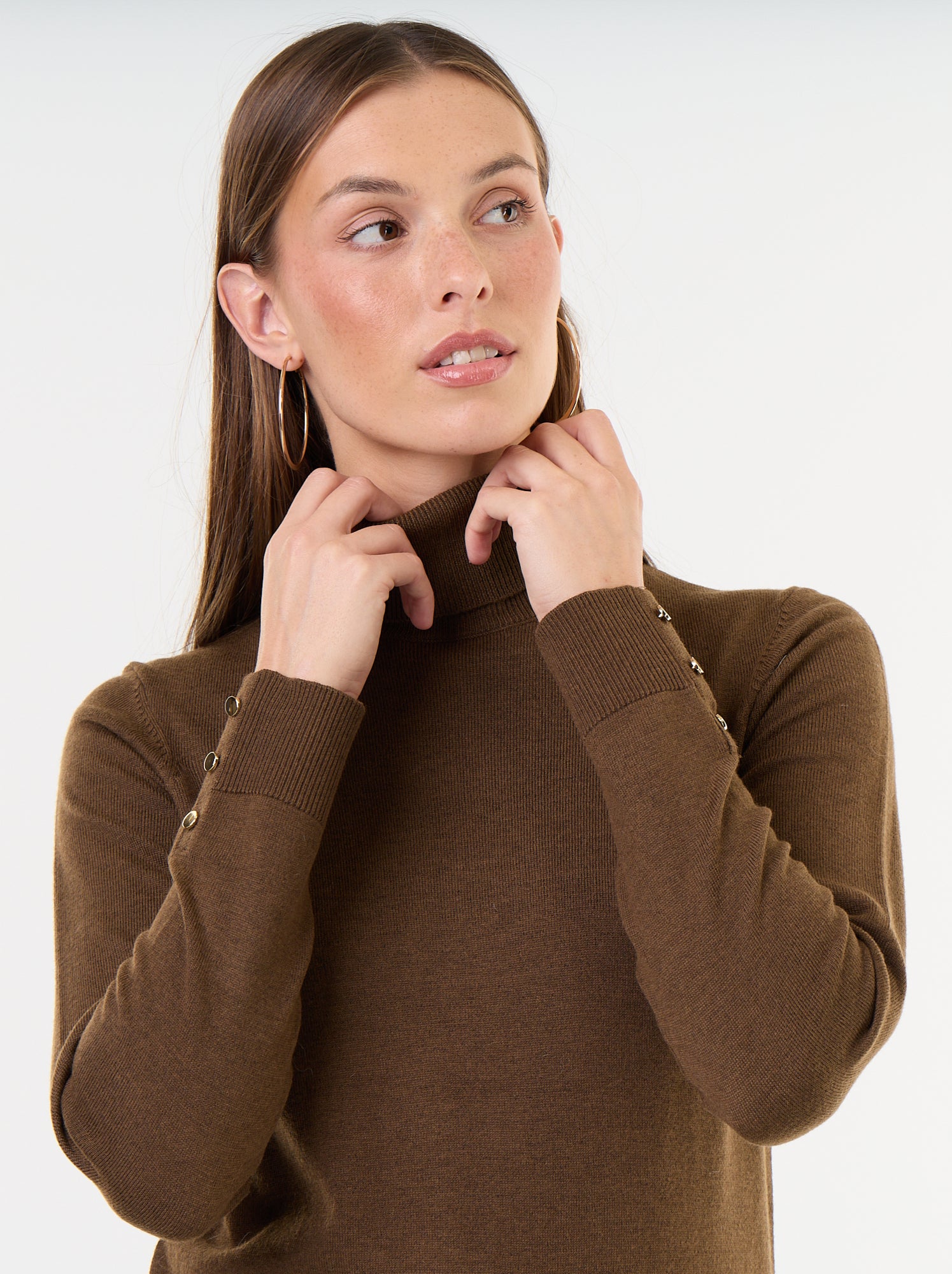 Pull fine jauge col roulé - Marron