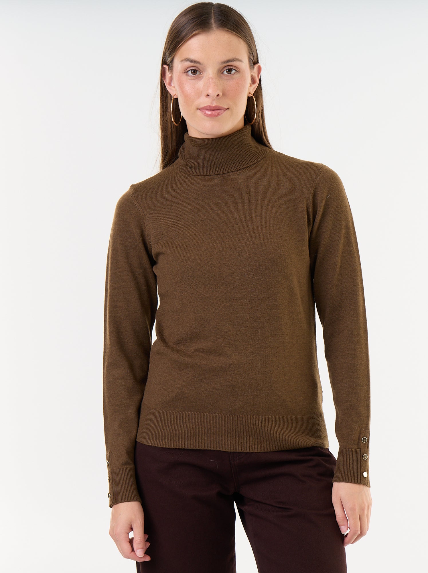 Pull fine jauge col roulé - Marron