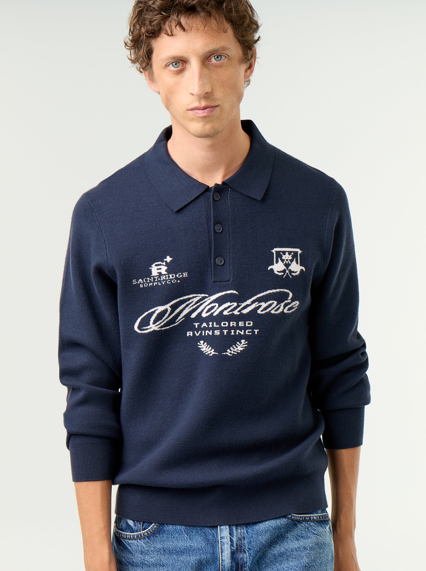 Pull forme polo avec imprimé - Bleu