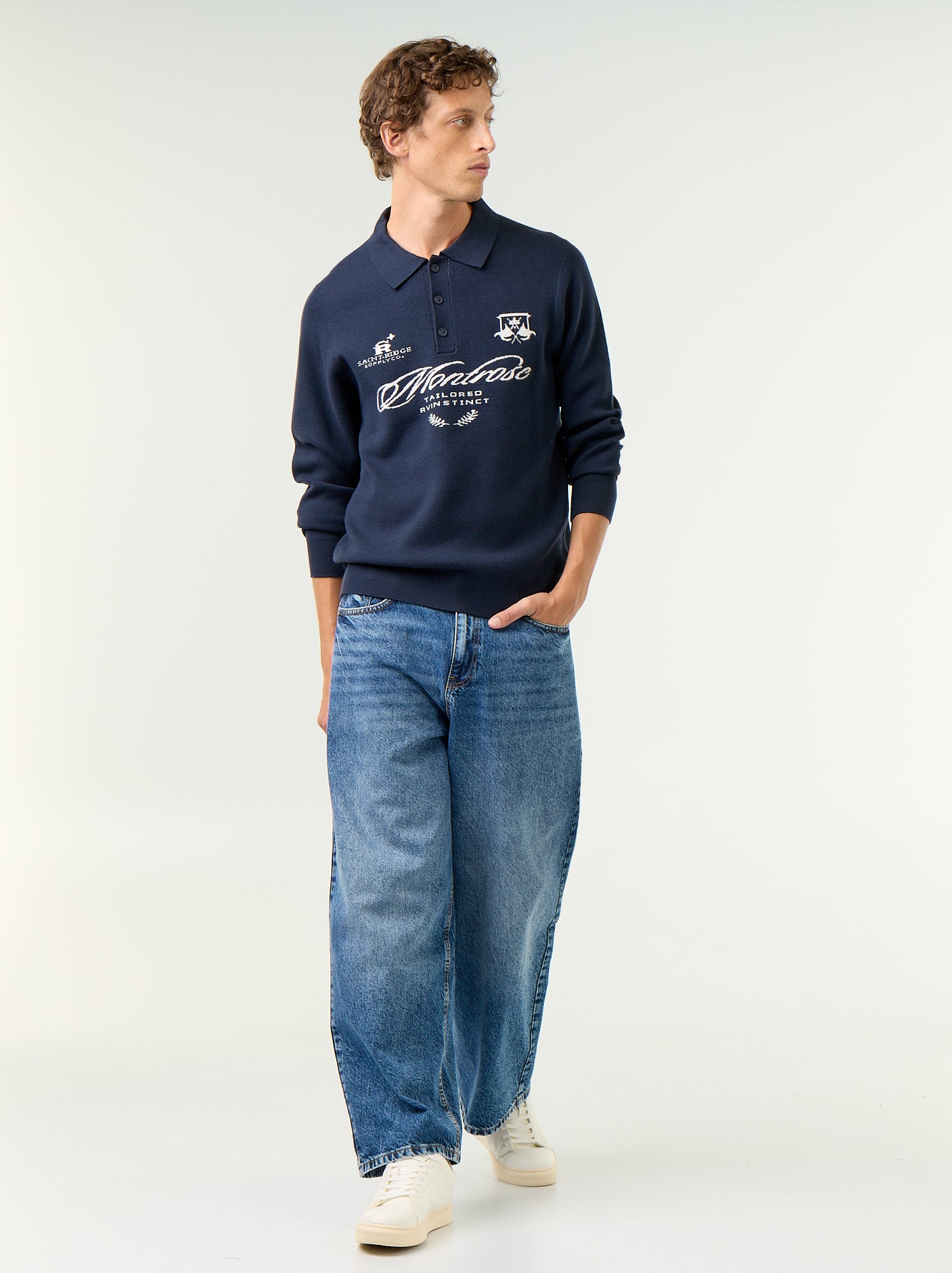 Pull forme polo avec imprimé - Bleu